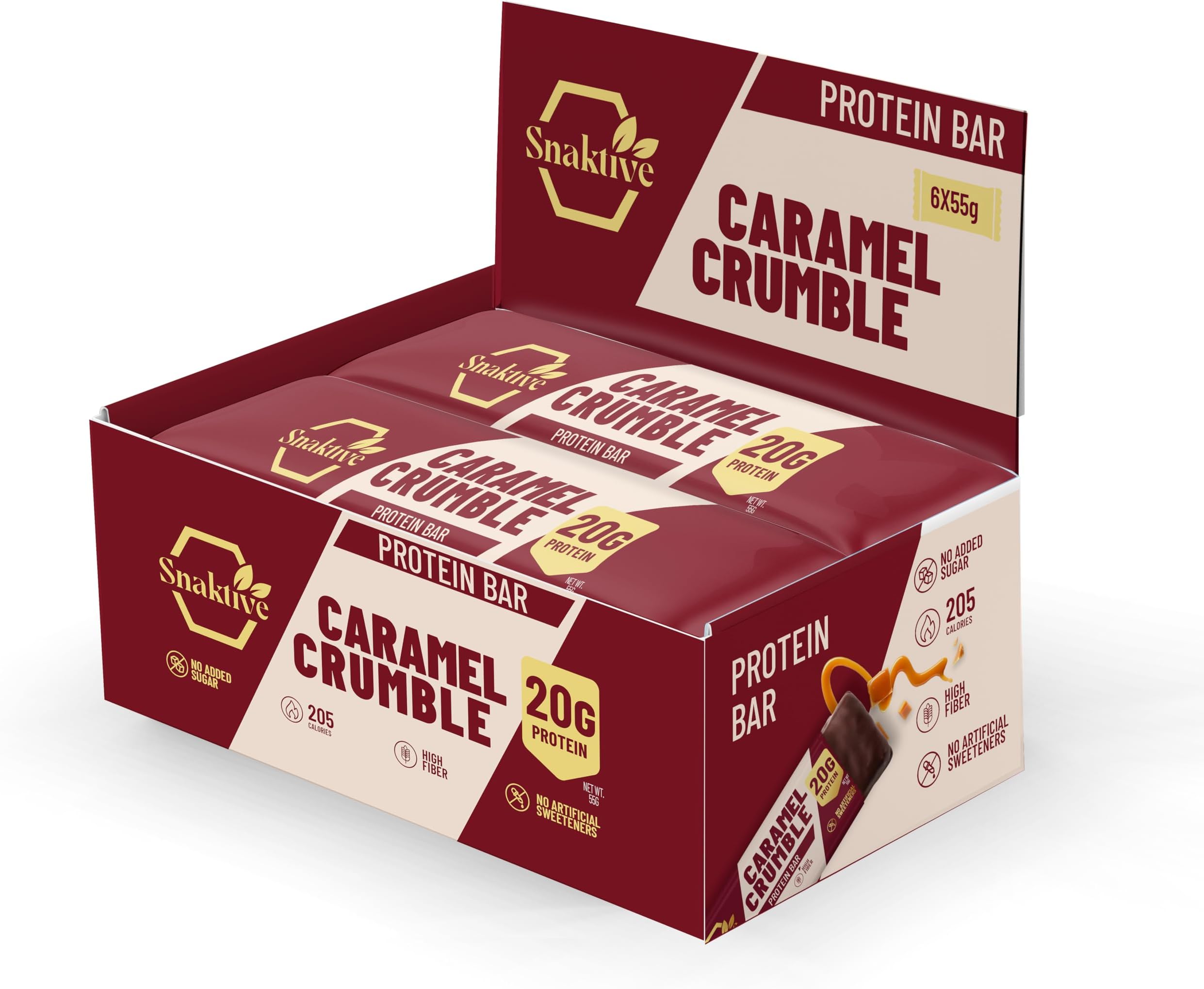 Caramel Crumble Protein Bar, High Protein and High Fiber Natural Clean Bar, 6x55G Crunchy Bars, Pre & Probiotics