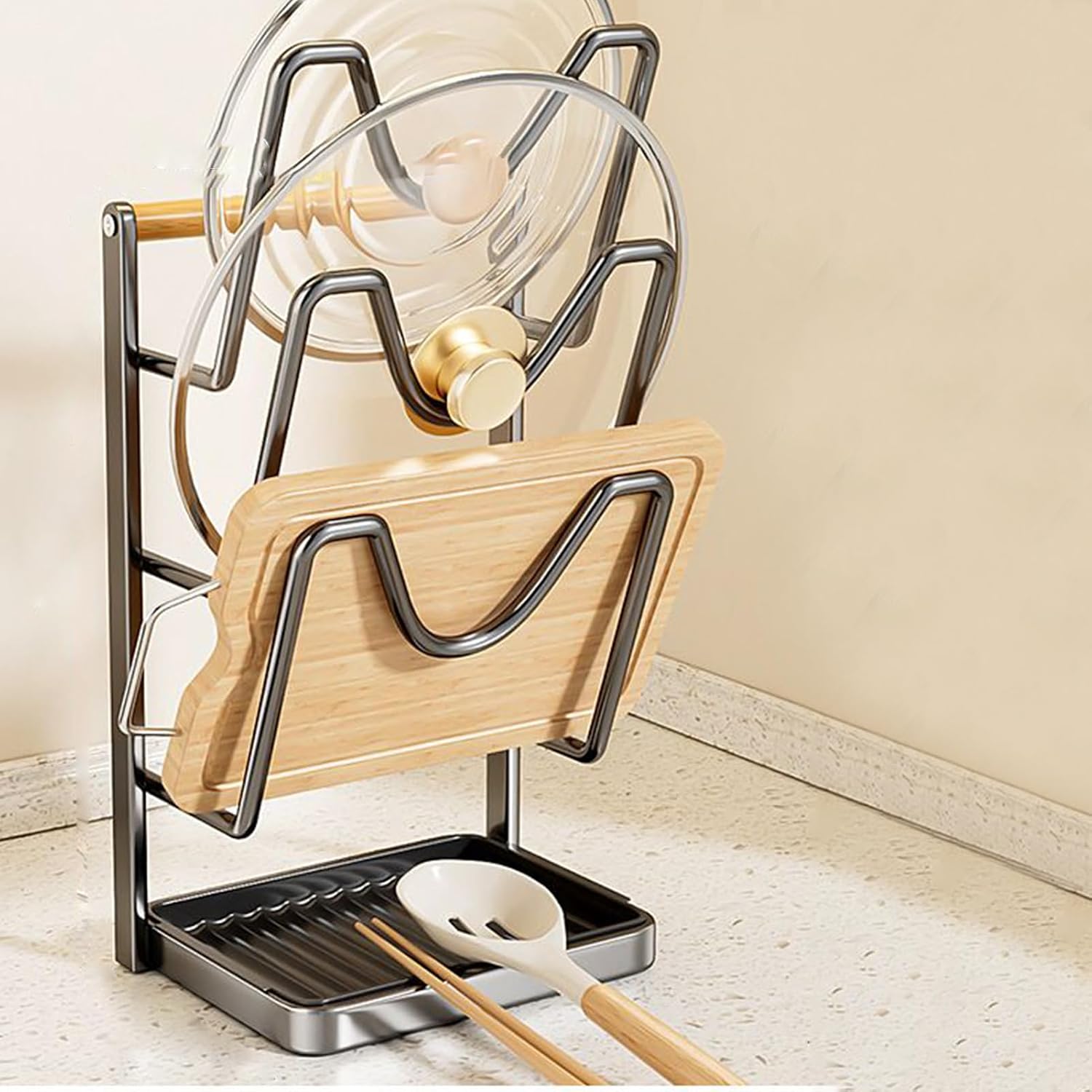 Pot Lid Rack | Carbon Steel with Removable Drip Tray,Pot Lid Storage Cookware Organizer | for Cutting Board Plate Dish Spoon Fork Spatula Countertop Cabinet Pantry Home Apartment