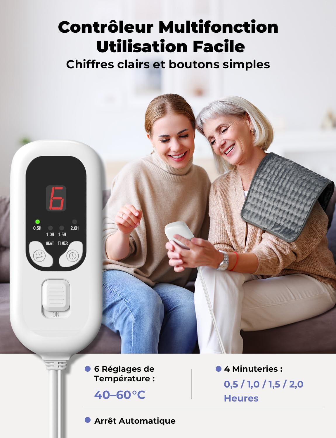 Coussin Chauffant Électrique pour Dos Épaules Abdomen 6 Niveaux de Température 4 Réglages de Minuterie Chauffage Rapide Arrêt Automatique Lavable en Machine (Gris Foncé, 60 x 30cm)
