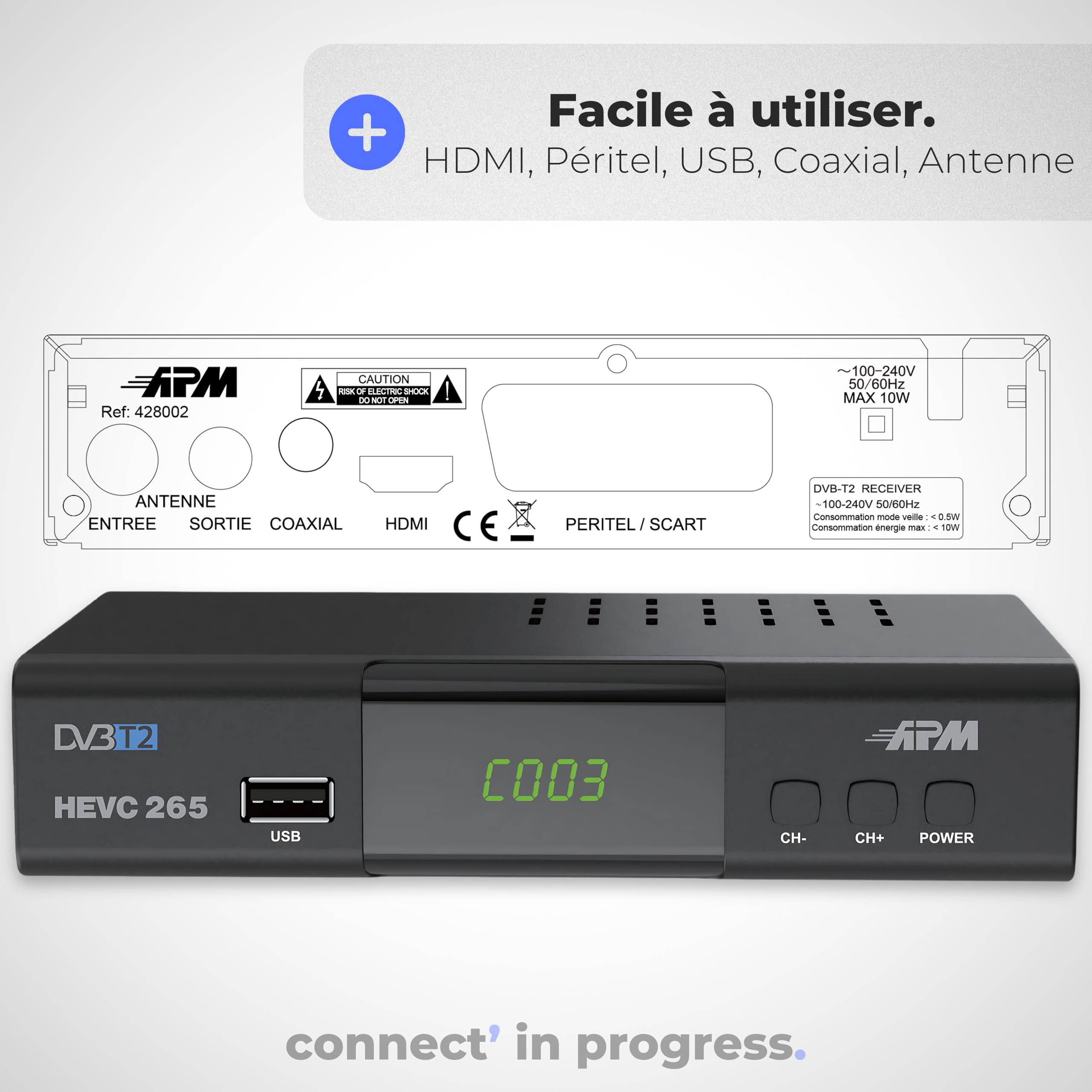 APM Décodeur TNT Full HD 1080p H.265 HEVC DVB-T2 DVB-C HDMI Péritel USB Coax