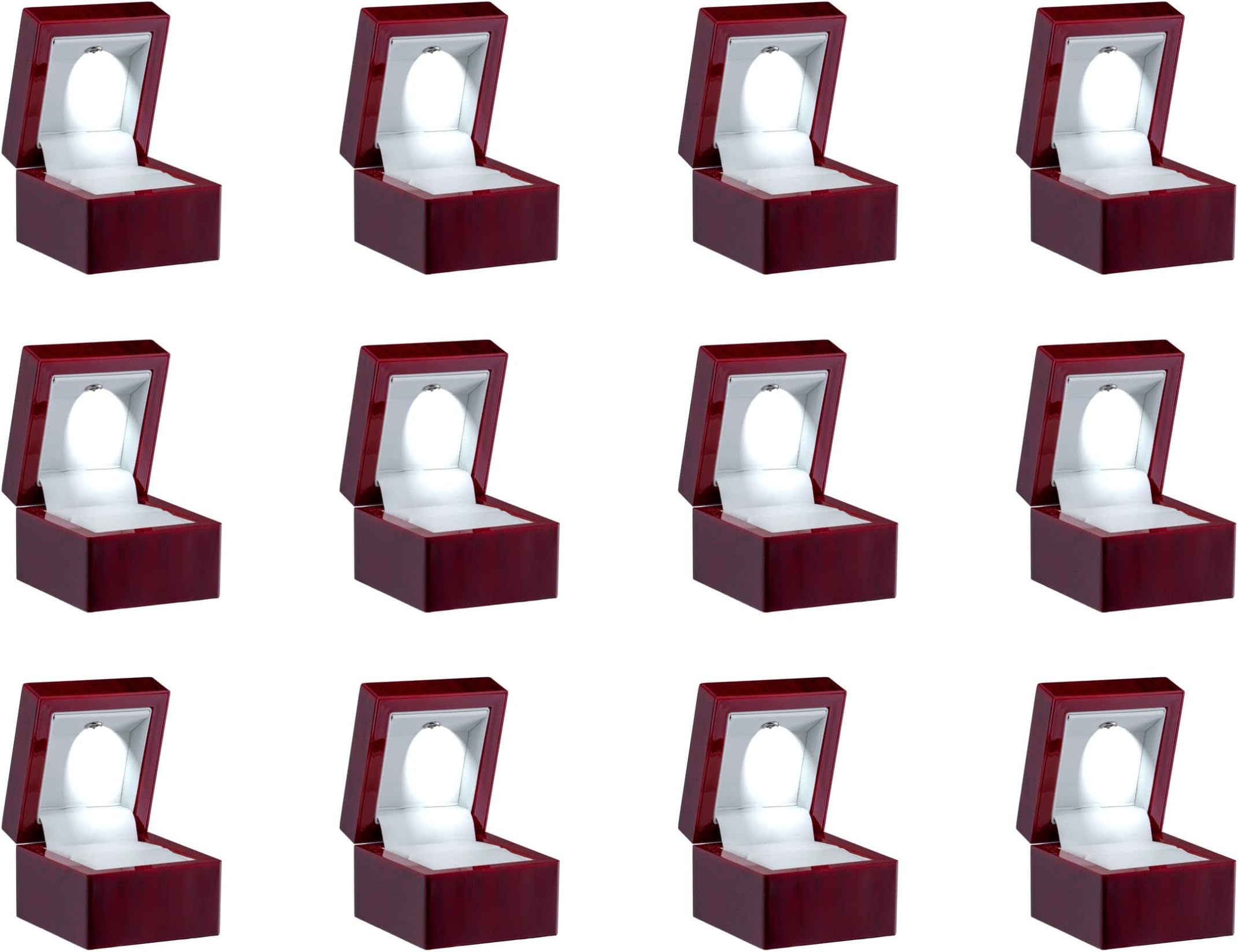 Allure - Bulk Case Of 12 - Luxury Ring Boxes With LED Light, Square Shaped Elegant Diamond Ring Case, For Unique Proposal, Small, Mahogany Wood With White Leatherette Insert Jewelry Display Gift Box.