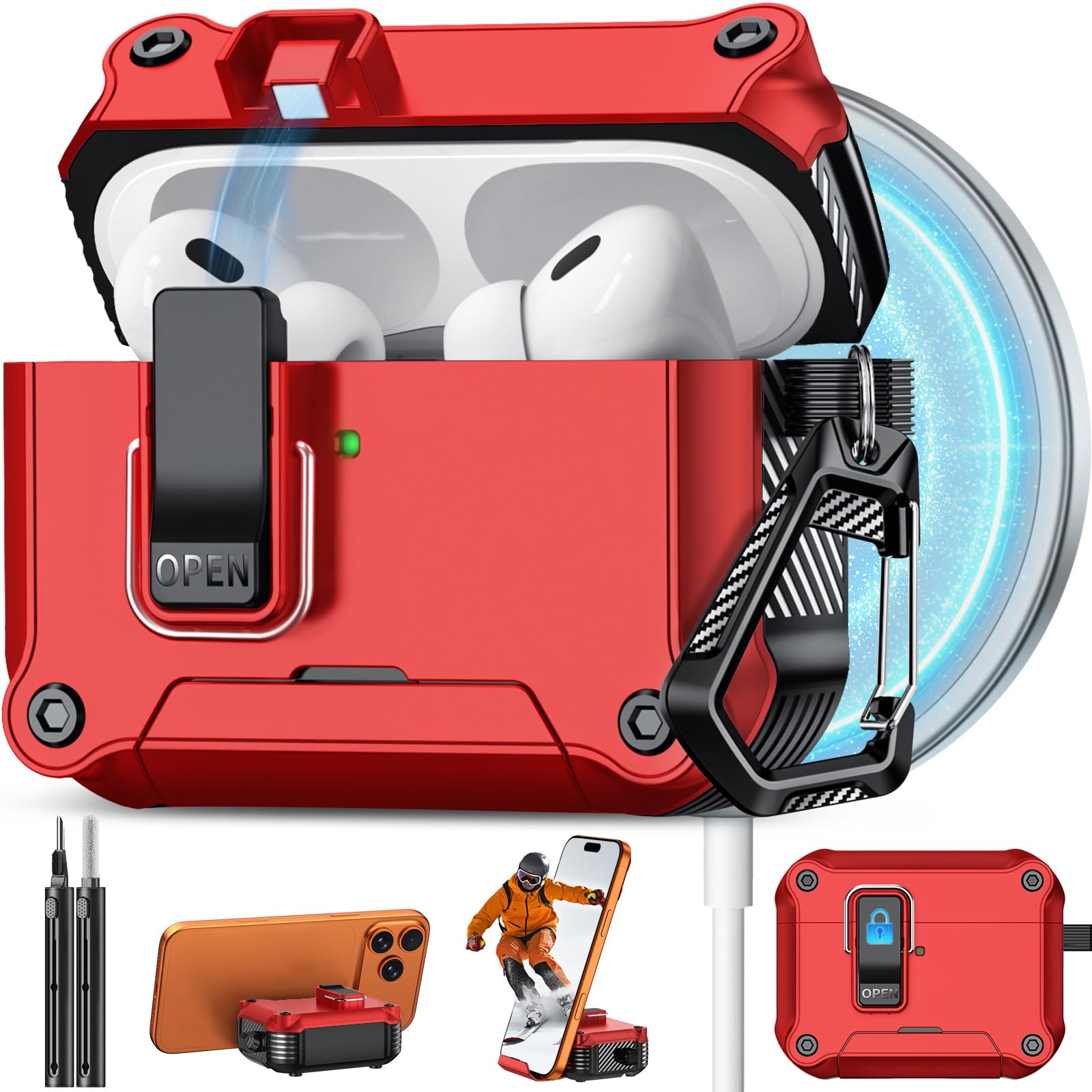 Pohgelan for AirPods Pro 2nd/1st Case with Safety Lock-Red