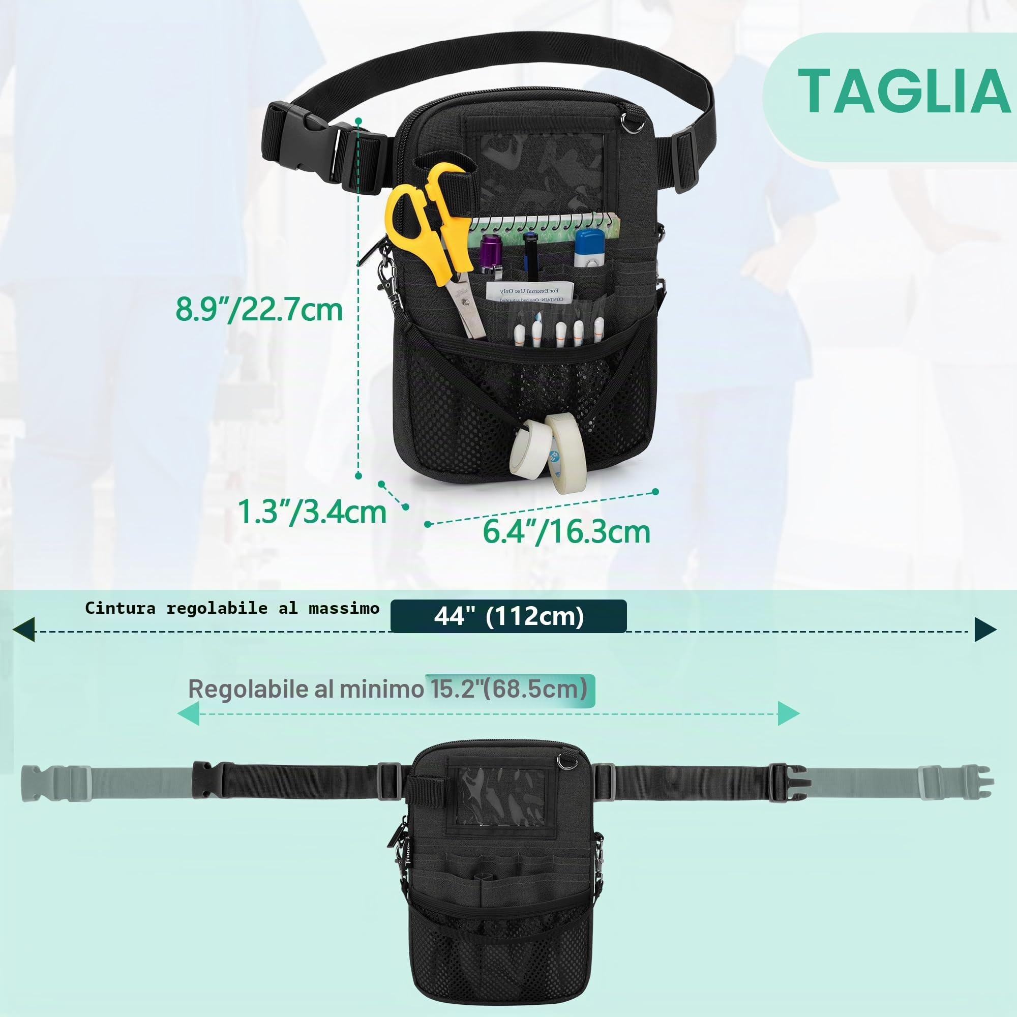 Trunab Organizer Infermiere Borsa con Tasche Multiple, Marsupio con Cintura Regolabile per Fonendoscopio, Forbici e Accessori, Grigio