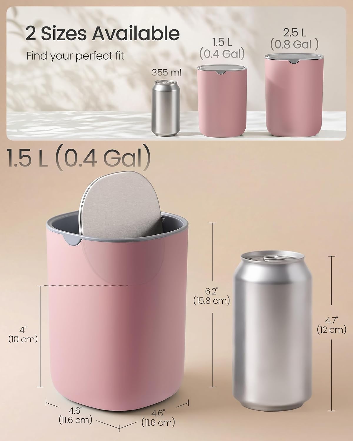 SONGMICS Mini Desk Trash Can with Stainless Steel Swing Lid, 0.4 Gal