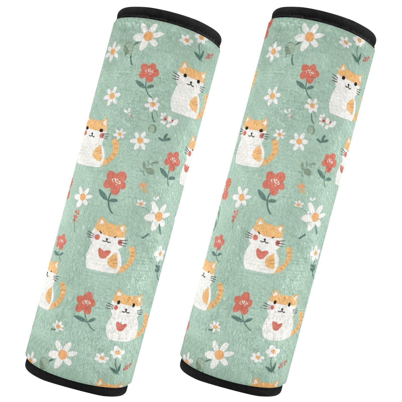 Seat Belt Covers 2 Pack Cartoon Cat Car Seat Strap Covers Super Soft Flower Heart Car Seat Neck Cover for Boys Girls Adults Babies S