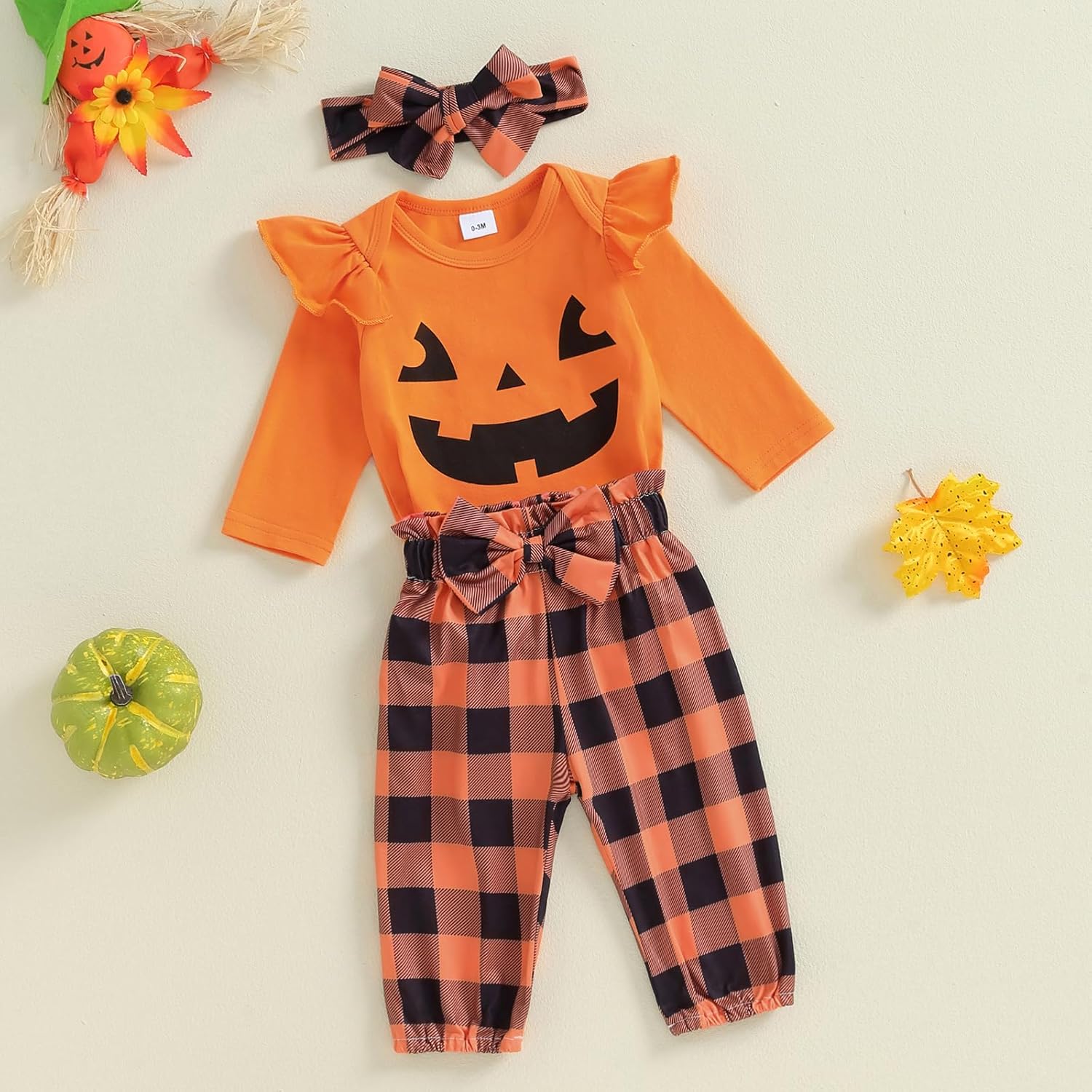 Newborn Baby Girl Halloween Outfit Ruffle Sleeve Pumpkin Face Romper Long Pants Headband 3 Piece Frist Fall Clothes - Image 2