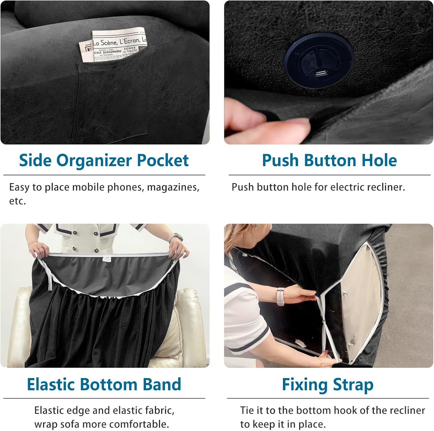 Recliner Sofa Slipcover with Pockets 8-Piece Stretch Recliner Covers 3-Seater Leather Look Reclining Couch Cover Spandex Fabric with Elastic Bottom, Pet Friendly(Recliner Sofa, Dark Grey)