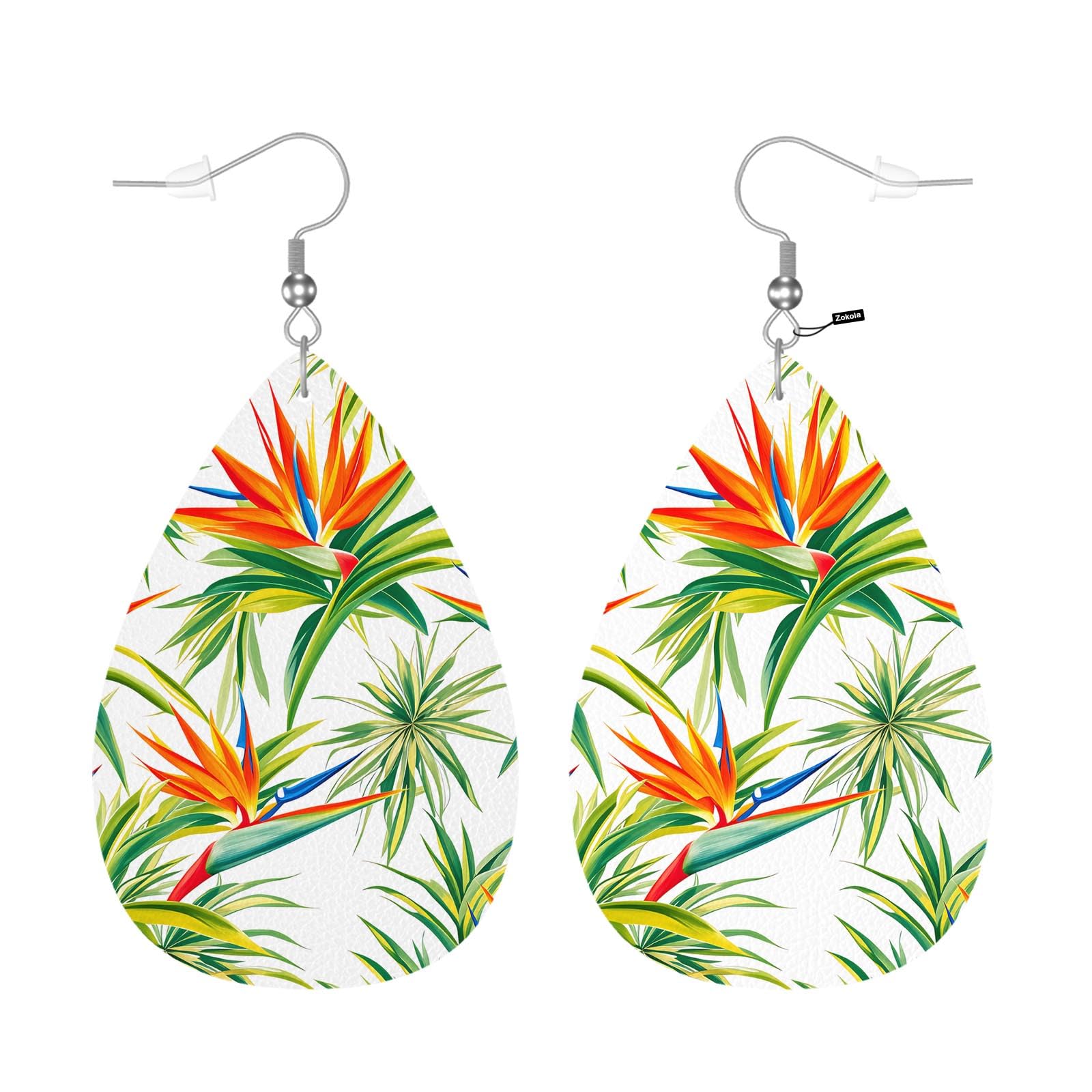 Bird Of Paradise Faux Leather Teardrop Earrings For Women Friends, Desert Cactus Tropical Flowers Petal Leaf Earrings Dangle Drop Earrings Jewelry