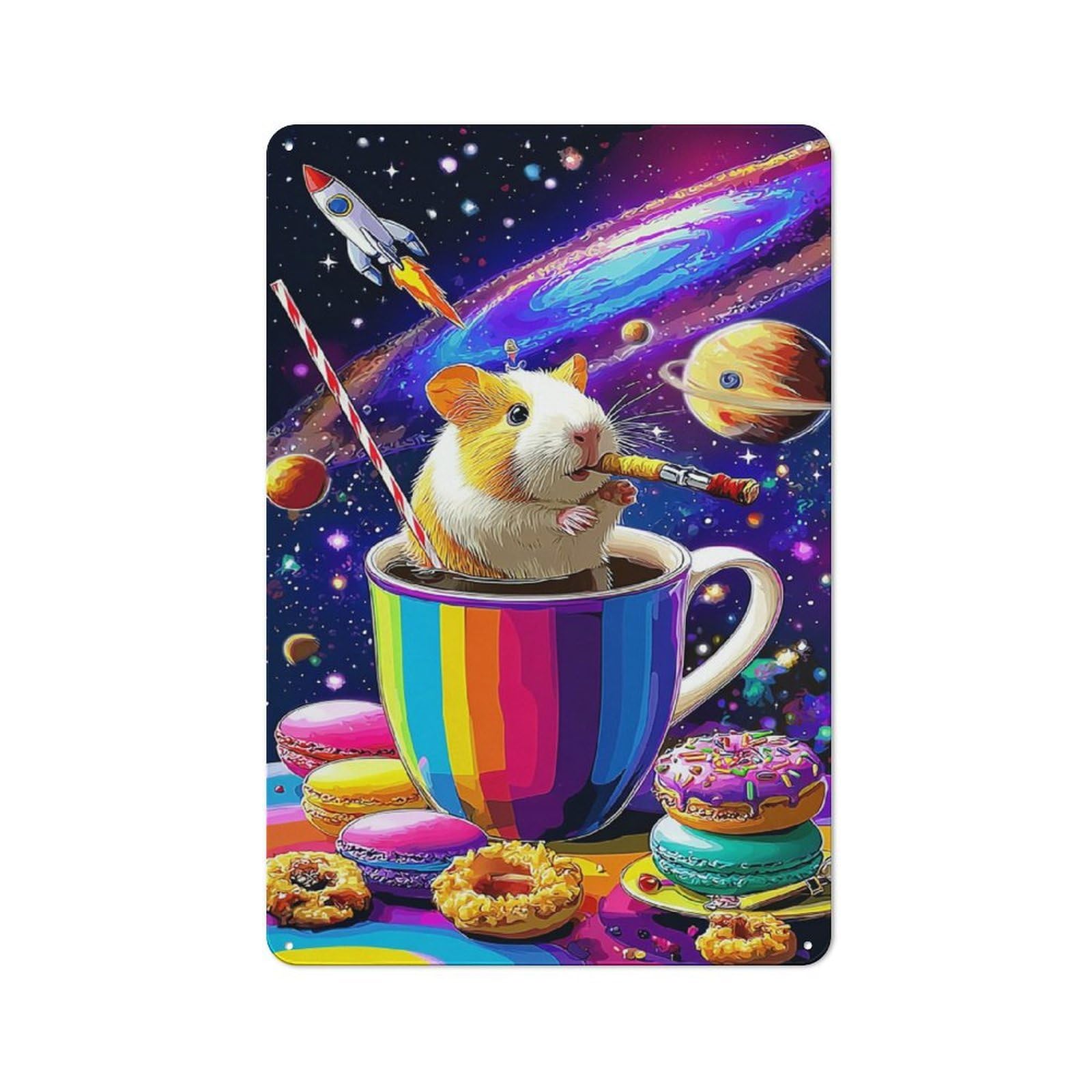 Junmoney Hamster In Space With Rainbow Cupcake Industrial Decorative Metal Plaque 30X20cm Featuring Urban Room Decor For Flat, Bar, Studio Or Gallery Wall