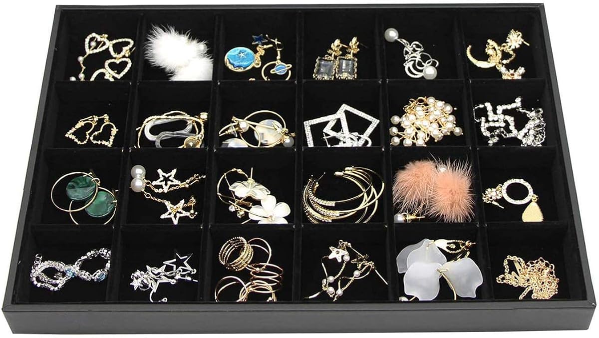 Black Velvet Stackable 24 Grid Jewelry Tray Showcase Display Organizer | Holder Dividers for Teen Stud Drop Earring Watch Bead, Trinket Storage Adjustable Box Case Dish for College Dorm Woman Drawer