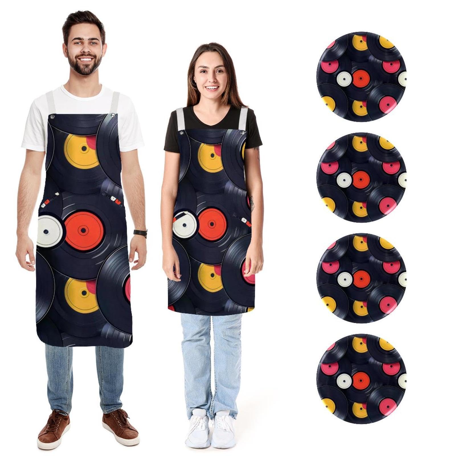 Lot de 2 tabliers de cuisine de cuisine - Motif disque vinyle rétro - Imperméable et réglable - Avec 2 poches - Pour homme et femme, Motif disque vinyle rétro,