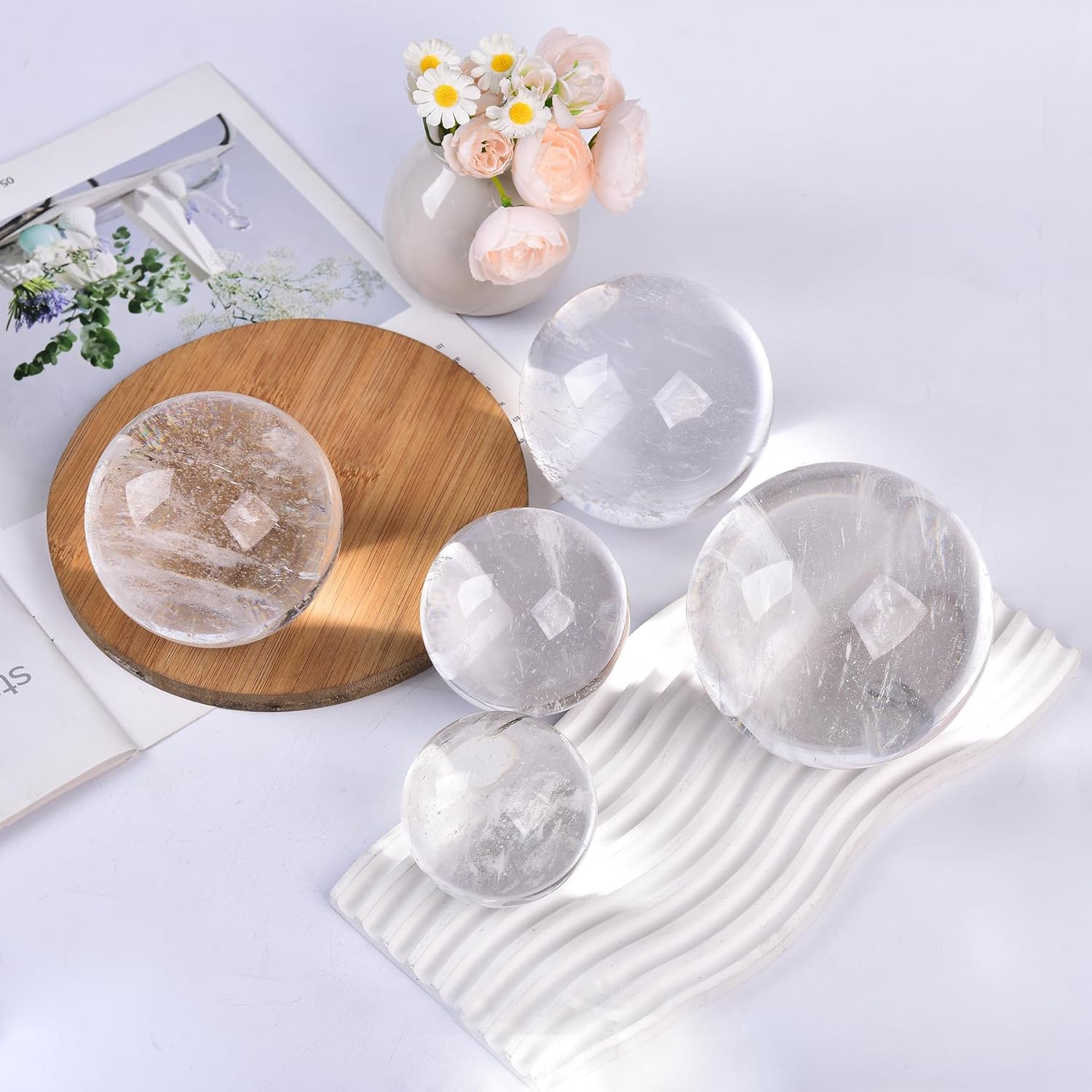 JIC Gem Large Smelting White Quartz Sphere Ball Artificial Healing Crystal Stone Decorative Ball with Stand Reiki Chakra Meditation Gift 3.93-4.33 Inch