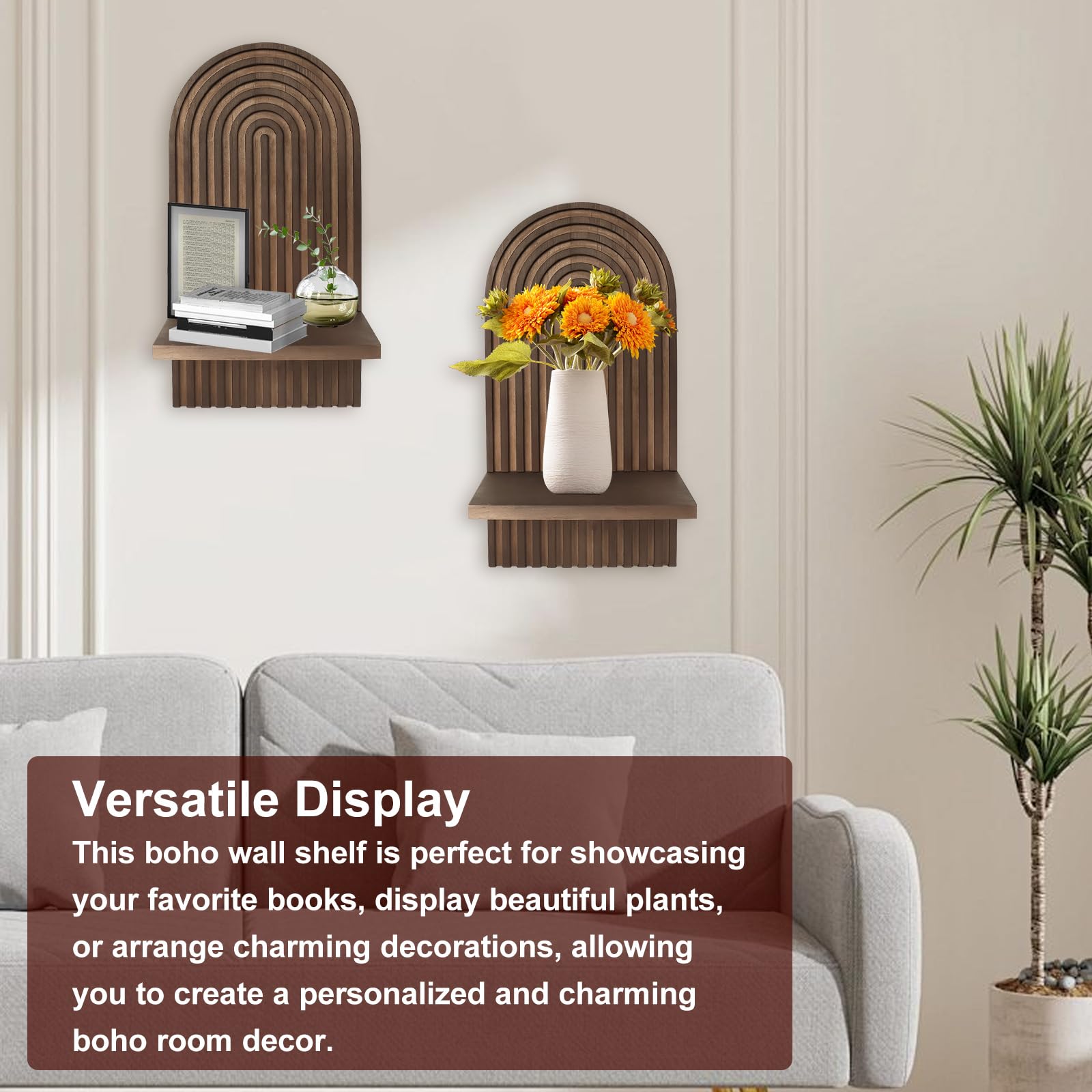 BlyeMichdi 2 Pcs Wood Shelves for Wall Decor Modern Boho Wall Shelf Arch Wood Floating Shelf Bohemian Hanging Shelf Display Shelving for Hanging Plants Photo for Living Rooms Bathroom,brown (Brown) - Image 4