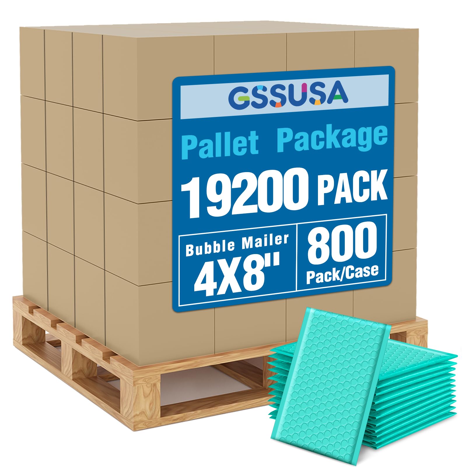 GSSUSA Teal Bubble Mailers 4x8 Padded Envelopes 19200 Pack, 1Pallet