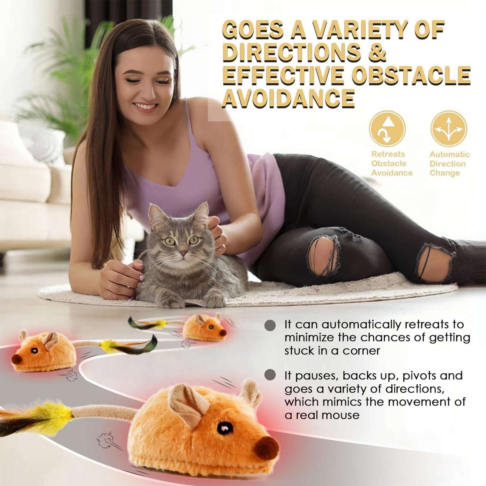 TaimeiMao Ratón de Juguete Eléctrico, Ratón de Simulación Peluche con Cola Emplumada, Juguetes para Gatos Interactivos con Cable USB, Amarillo