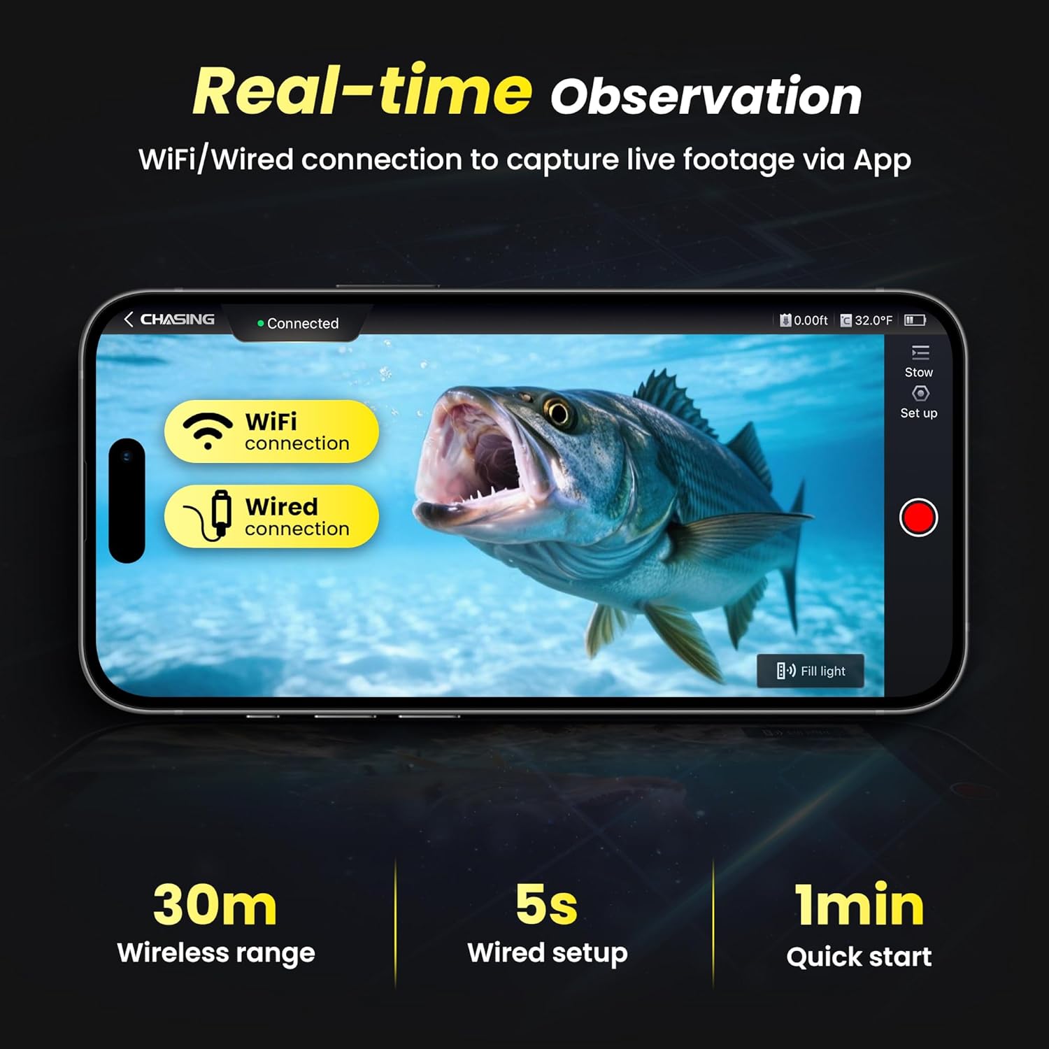 Smartphone screen showing real-time underwater observation via WiFi or wired connection