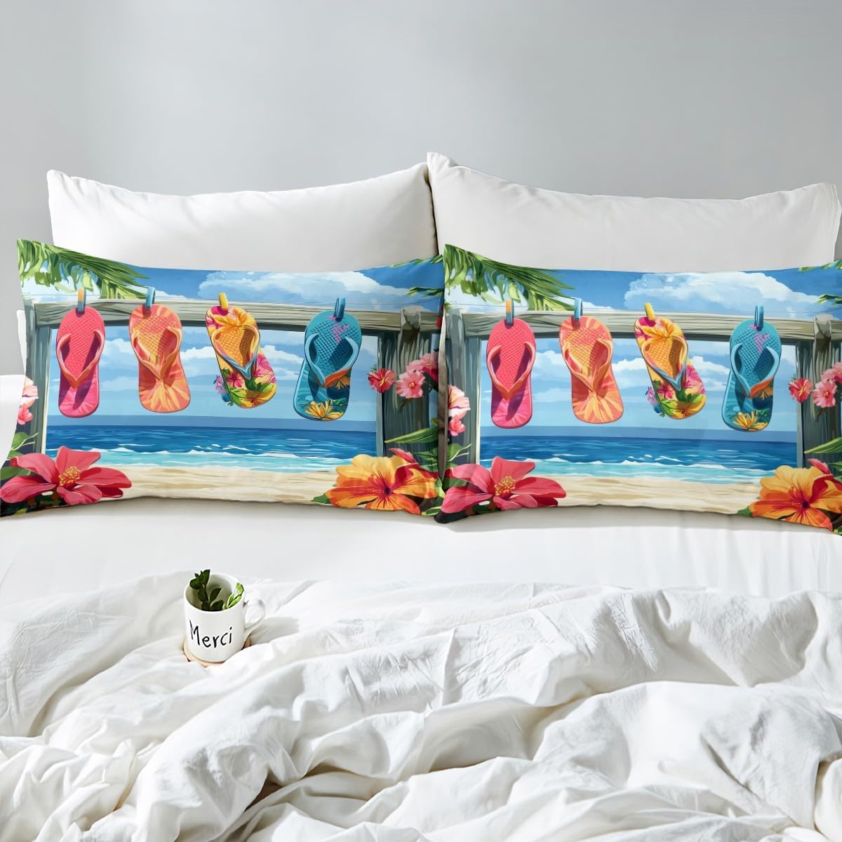 Watercolor Flip Flops Bed Sheet Set King Size,Blue Sea White Flowers Floral Deep Pocket Fitted Sheet,1 Flat,2 Pillowcases,Wooden Board Summer Ocean Holiday Bed Mattress Cover, Bedroom Decor