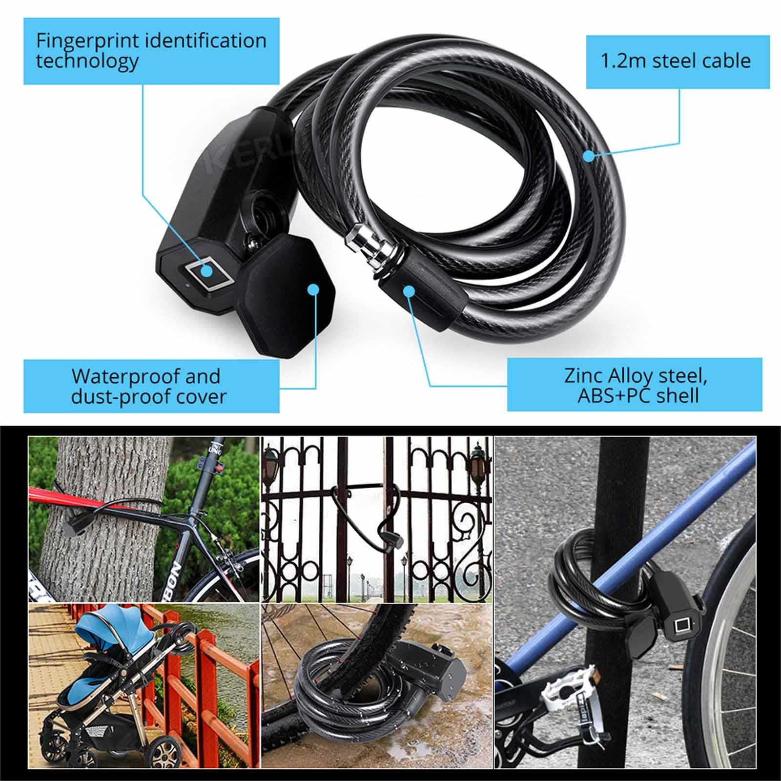 Lucchetto per Bicicletta con Impronta Digitale Intelligente - Supporta 10 Set di Impronte Digitali / 3 Metodi di Sblocco/Ricarica USB - Lucchetto Antifurto in Acciaio da 1,2 Metri,Black