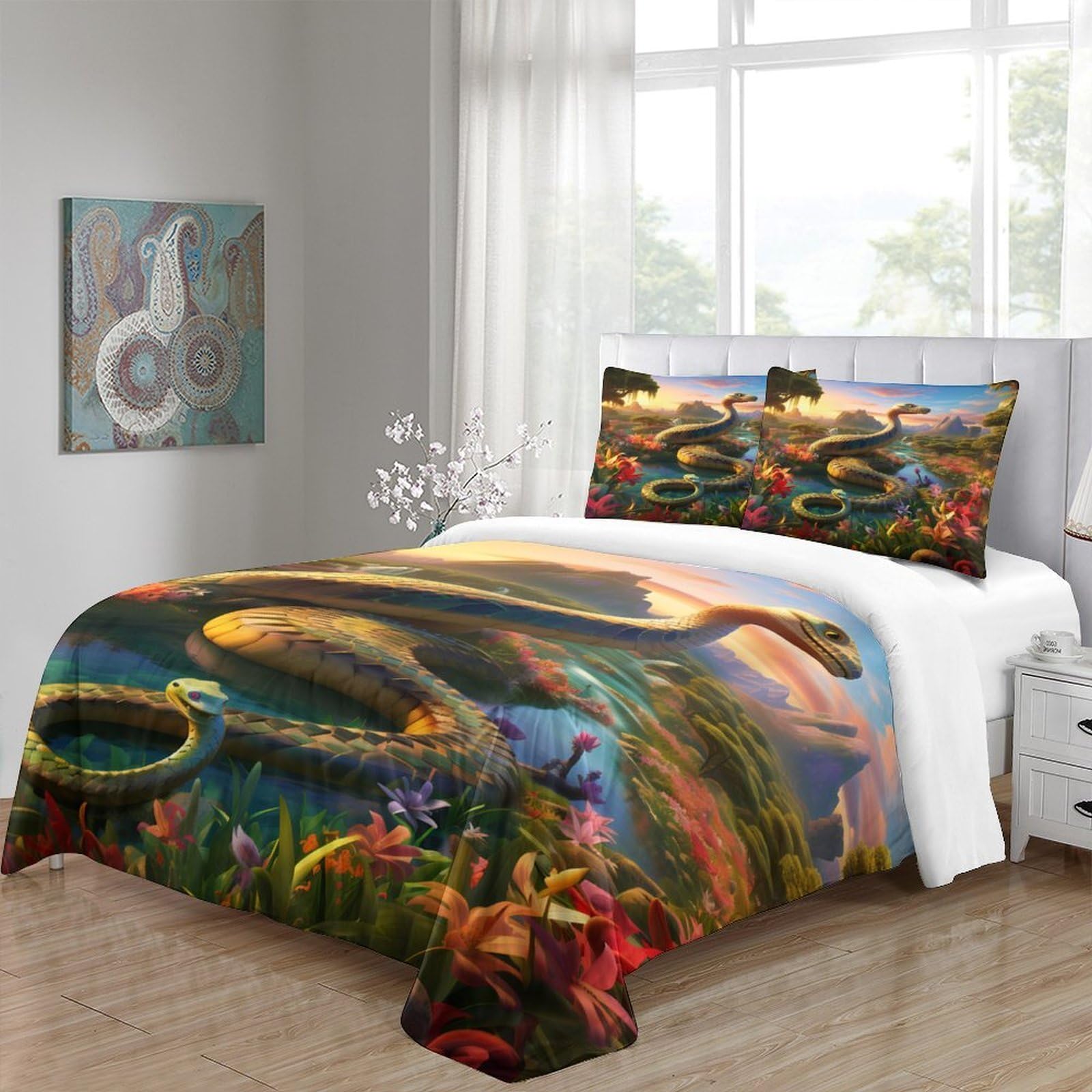 Mythische Schlange 3-teiliges Reines Polyester Fantasy Landschaftskunst Bettbezugset, Versteckter Reißverschluss, Für Kleinkinder, Babysicher & Gifffrei, Pflegeleicht King（220x240cm）