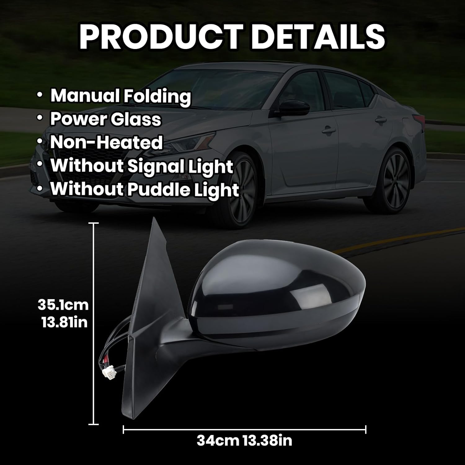 Driver Side Mirror Compatible with Nissan Altima 2019 2020 2021 2022 2023 Mirrors Without Heat Manual Folding Paintable Black NI1320311
