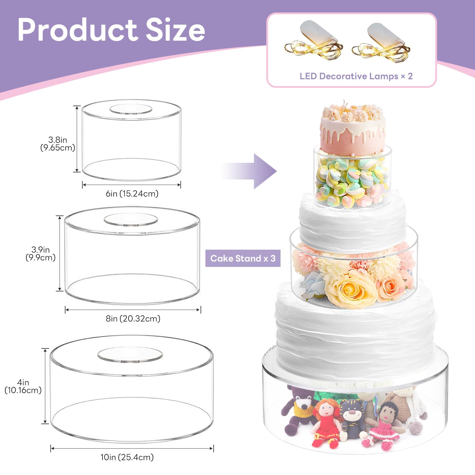 Sintuff 3 Alzate Per Torte In Acrilico Con Luci A LED, 25,4 Cm, 30,5 Cm