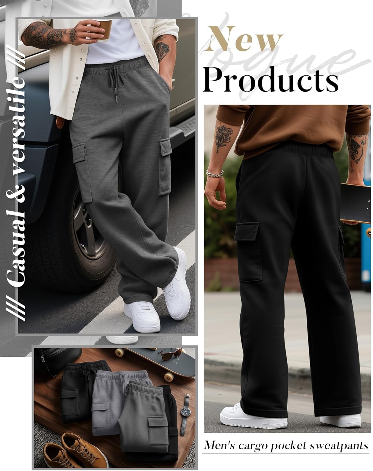 3 Pack Men's Cargo Sweatpants Drawstring Thin Straight Leg Pants Casual Baggy Open Bottom Jogger with Pockets