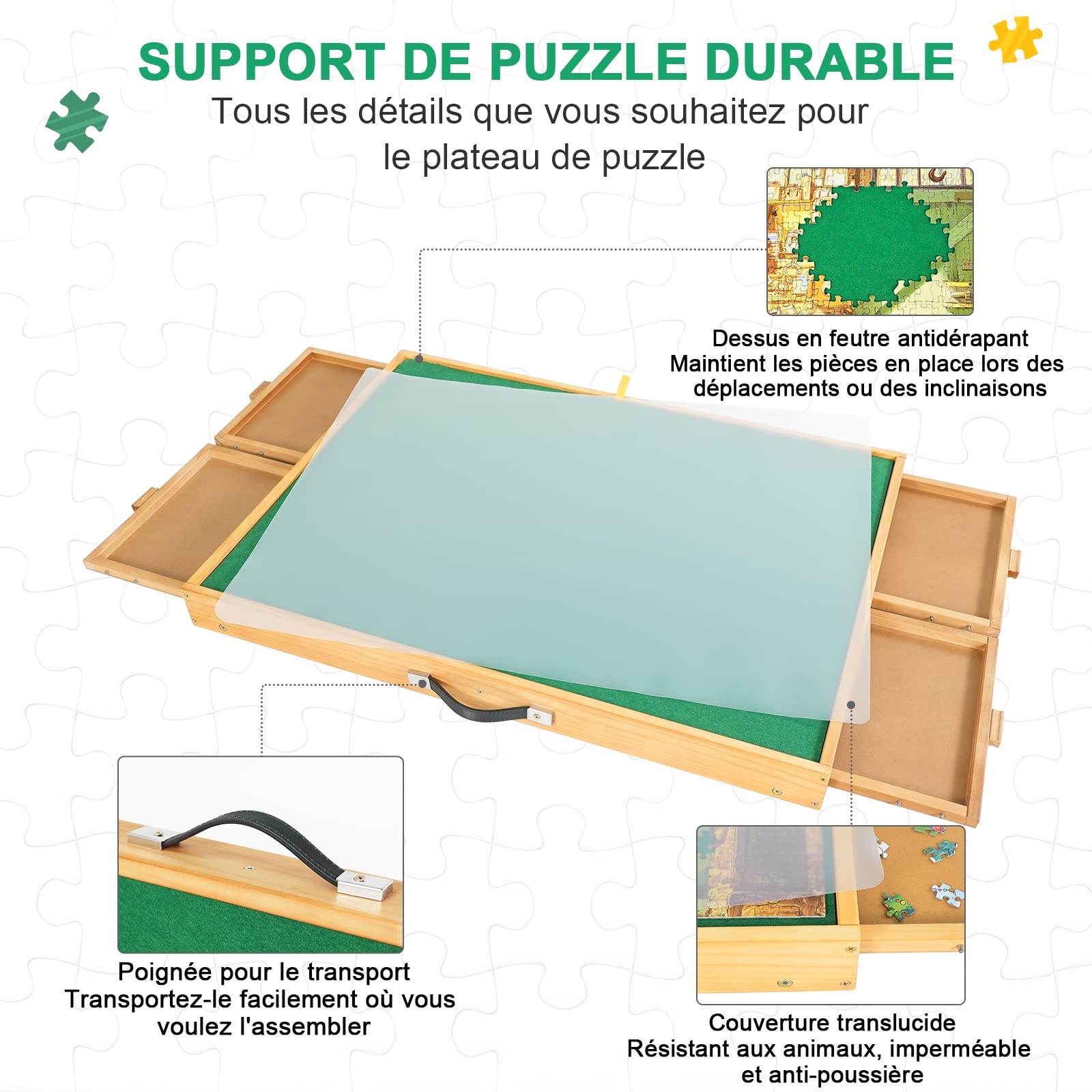 Table Puzzle Bois Jusqu'à 1000 Pièces - Avec 4 Casiers De Tri Et LED - 76x56 Cm