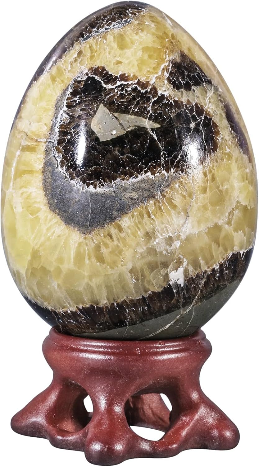 Reiki Healing Black Septarian Dragon Stone Geode Egg Figurine with Resin Stand, Natural Black Septarian Dragon Crystal Egg for Home Office Decoration, 41-50 MM