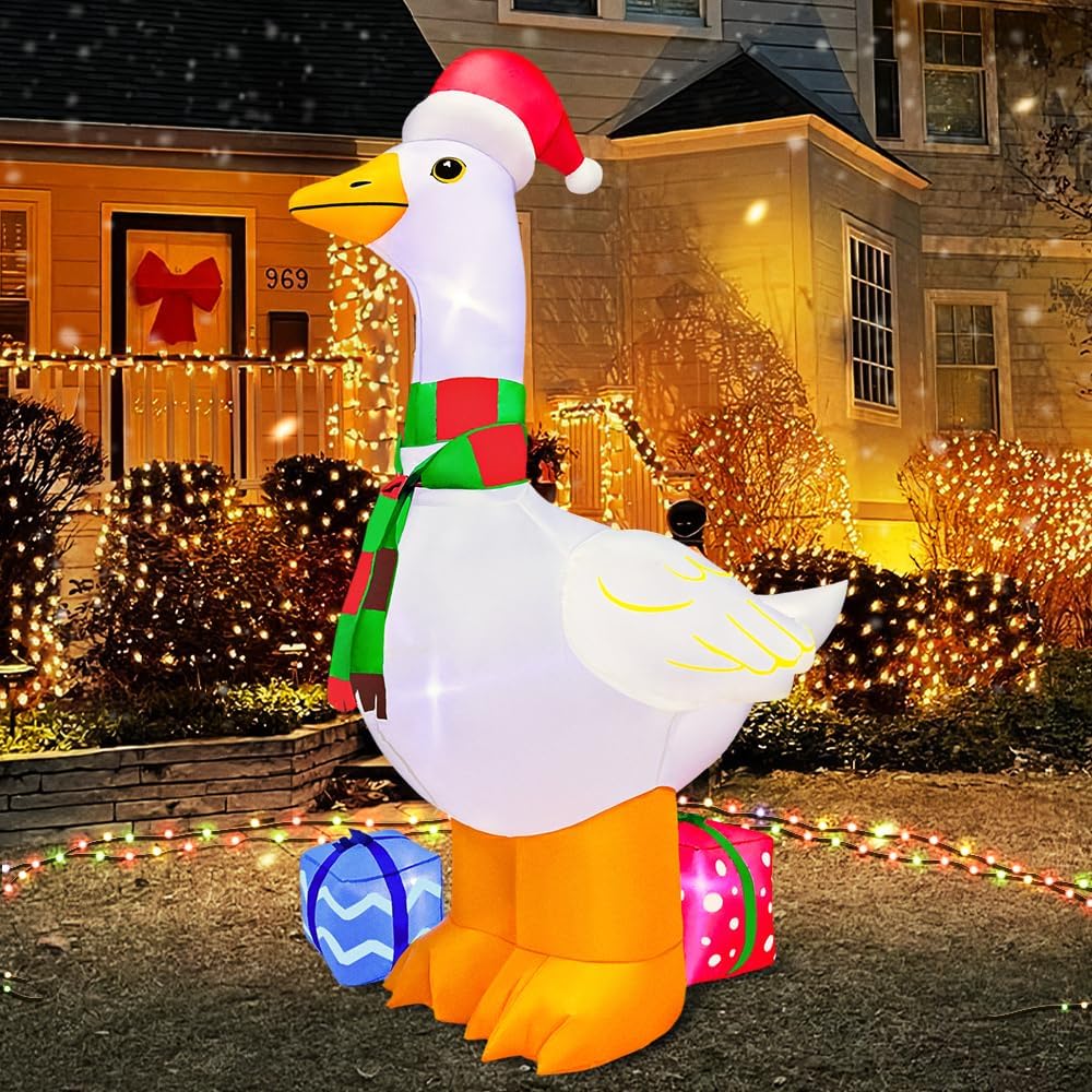 KOOY 6FT Inflatable Christmas Decorations, Christmas Blow Ups Yard Decorations with LED Light Up, Goose with Gift Box Inflatable Outdoor Decorations for Xmas Yard Decor