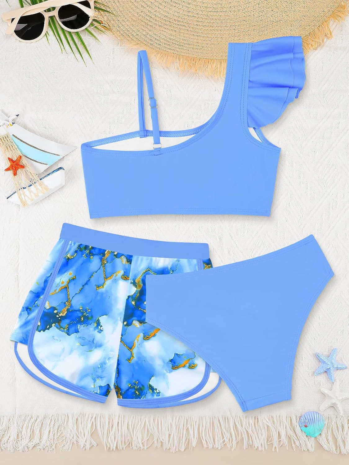 SHEKINI Girls Swimwear Ruffled Bathing Suit for Girls 3 Piece Tropical Print Bikini Set with Shorts Size 7-14