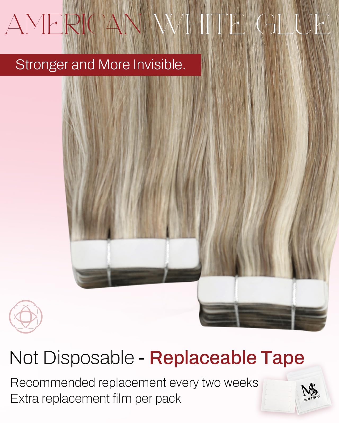 Moresoo Tape in Hair Extensions Human Hair 100g Tape Hair Extensions Light Brown with Platinum Blonde Thick Human Hair Extensions Tape-ins Invisible Double Side 24 Inch 40 Pieces #P9A/60 - Image 4