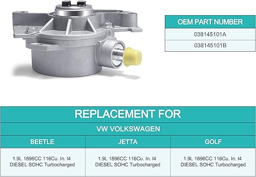 Miniatura 4 de Bomba de vacío de freno 038145101B OE repuesto para Volkswagen VW 1.9L TDI ALH SOHC 1999-2004 Motor diesel de 4 cilindros turboalimentado Beetle