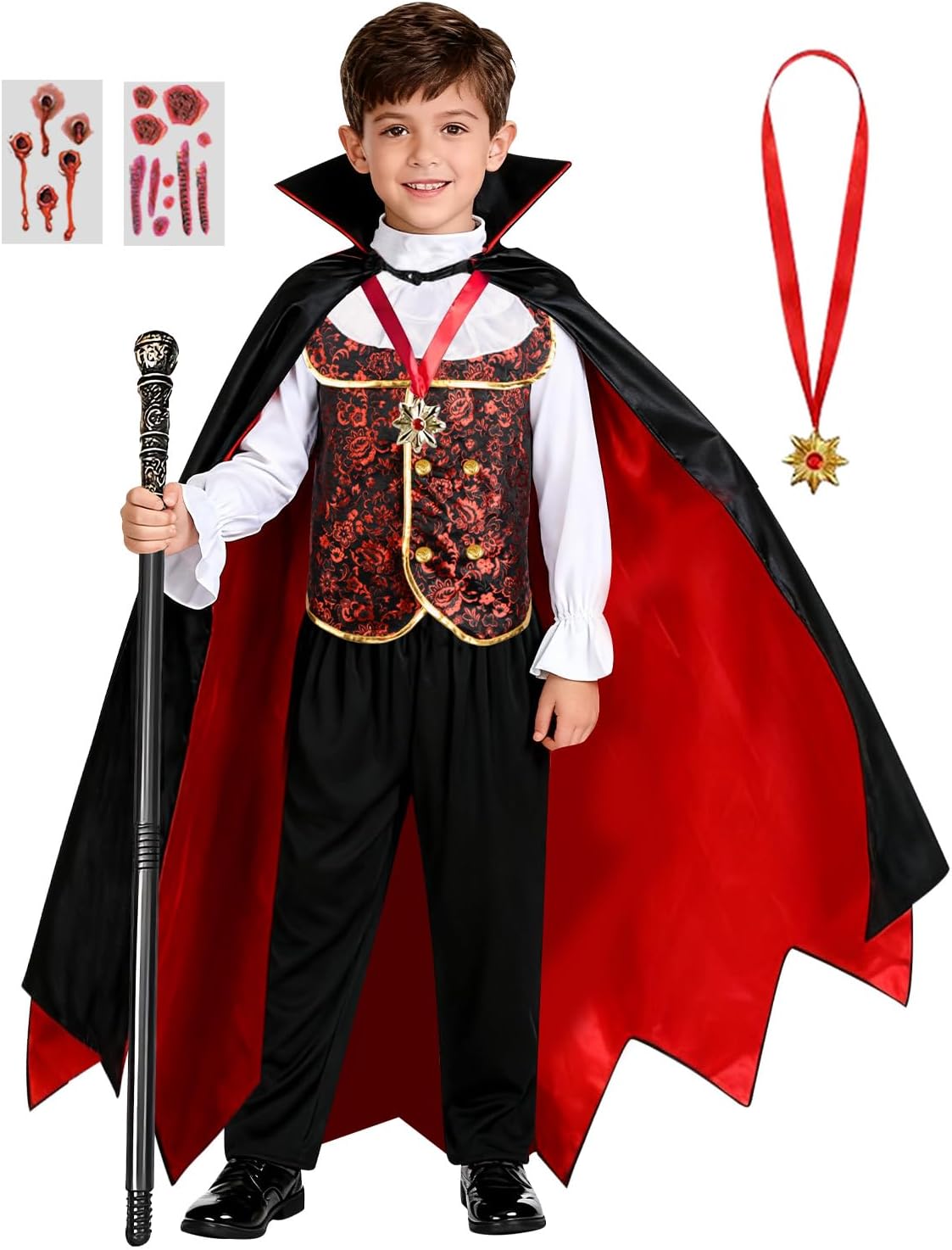 Vampire Costume Set, Scary Halloween Costumes for Boys with Cape & Scepter, Gothic Vampire Costume Boy for Cosplay Party X-Large