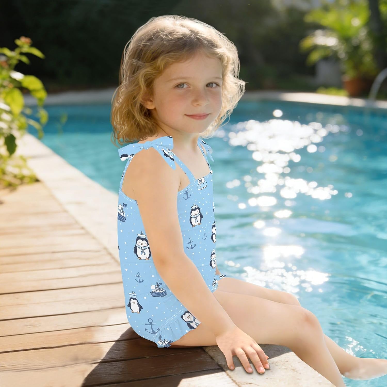 visesunny Toddler Girl Swimsuit Adjustable Strap Swimwear Blue Penguin Hat Anchor Bathing Suits for Girls 18M-6Y