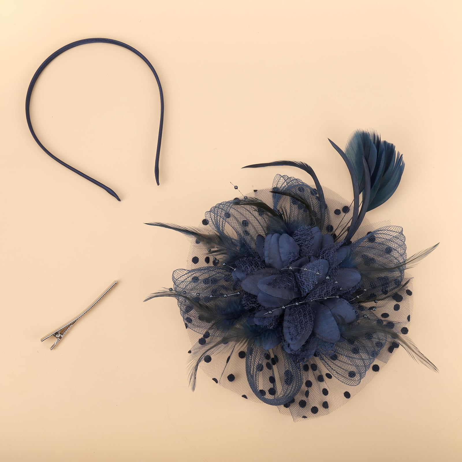 Viiotu Elegant Womens Wedding Fascinator Hat, Feather Mesh Flower Headpiece with Headband & Hair Clip - Image 3