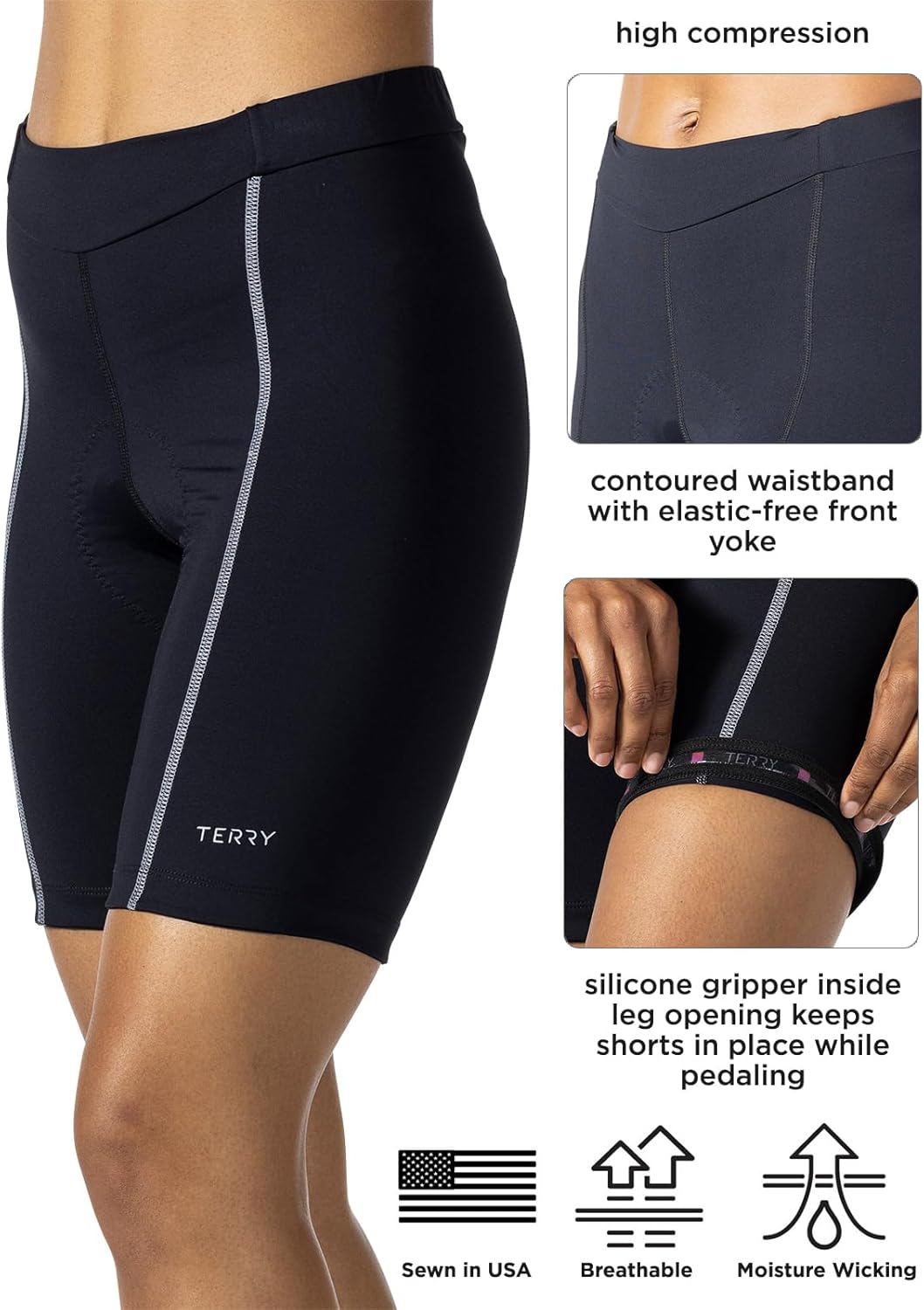 Terry Bella Bike Shorts Women Padded, Regular 8.5 Inch Silicone Leg Black Bike Shorts for Womens Cycling Shorts Mountain Bike - Image 4