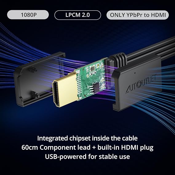 AUTOUTLET YPbPr to HDMI Converter, 1080P Component to HDMI Converter, All-in-One Design, Plug & Play, Support LCPM 2.0, Audio & Video Sync Component to Hdmi Cable for PS2, Xbox 360, Wii (Not for RGB)