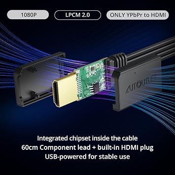 AUTOUTLET YPbPr to HDMI Converter, 1080P Component to HDMI Converter, All-in-One Design, Plug & Play, Support LCPM 2.0, Audio & Video Sync Component to Hdmi Cable for PS2, Xbox 360, Wii (Not for RGB)