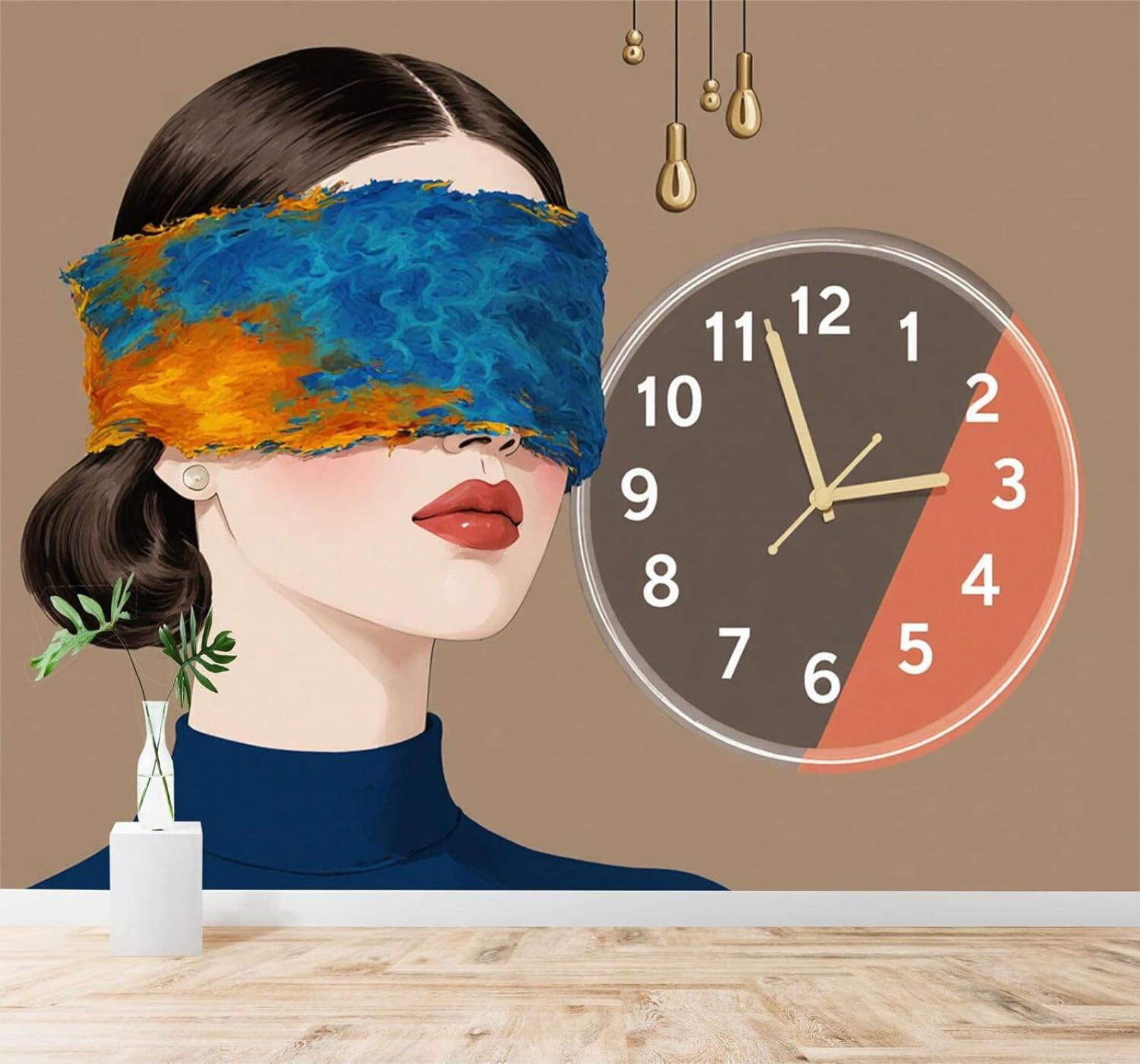 3D Papel Pintado Abstracto Mujer Con Un Antifaz De Colores Reloj Arte