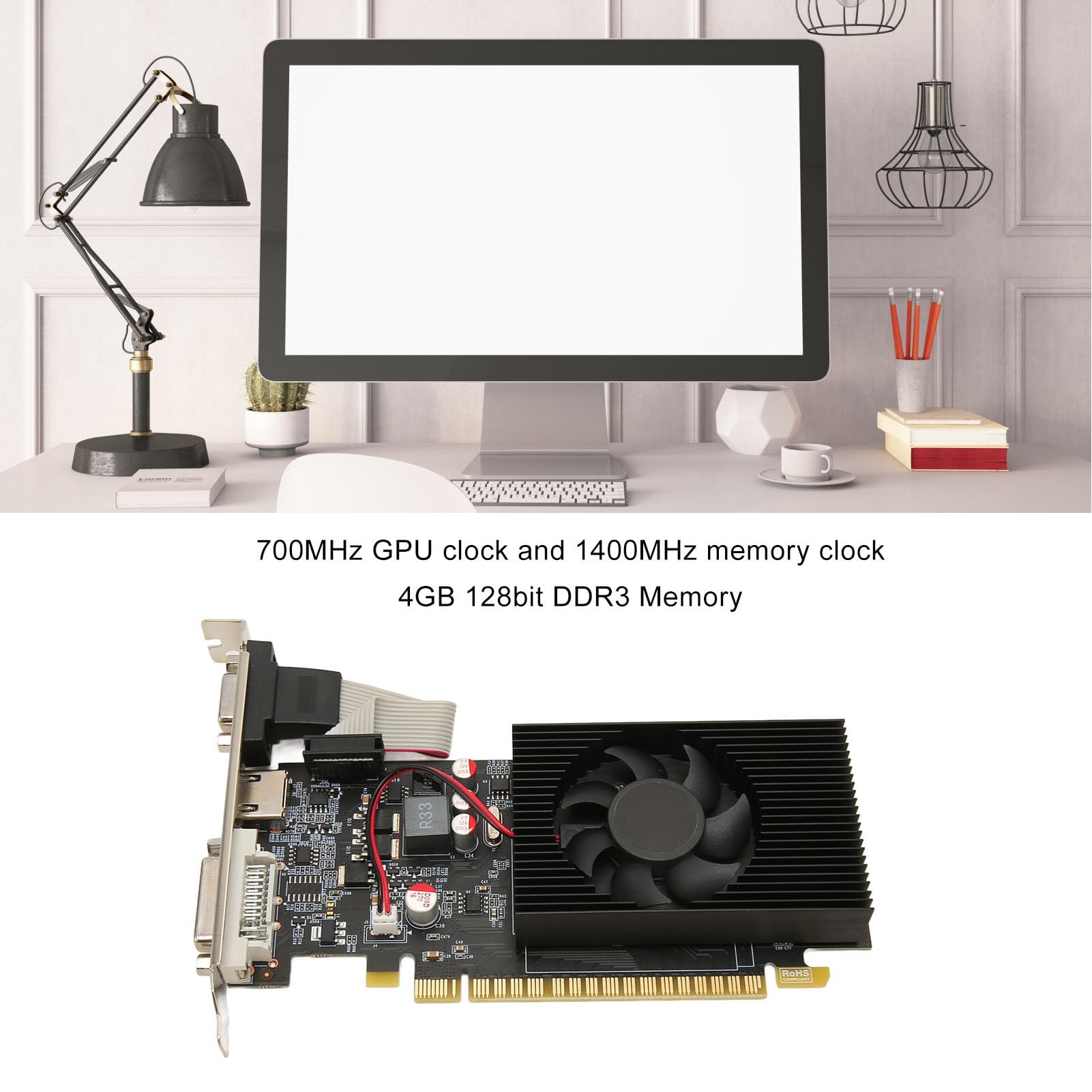 ciciglow Scheda Grafica Desktop, Scheda Grafica per Computer DDR3 da 4 GB a 128 Bit Scheda Video DVI HD VGA X16 3.0 700/1400 MHz per Chassis del Computer