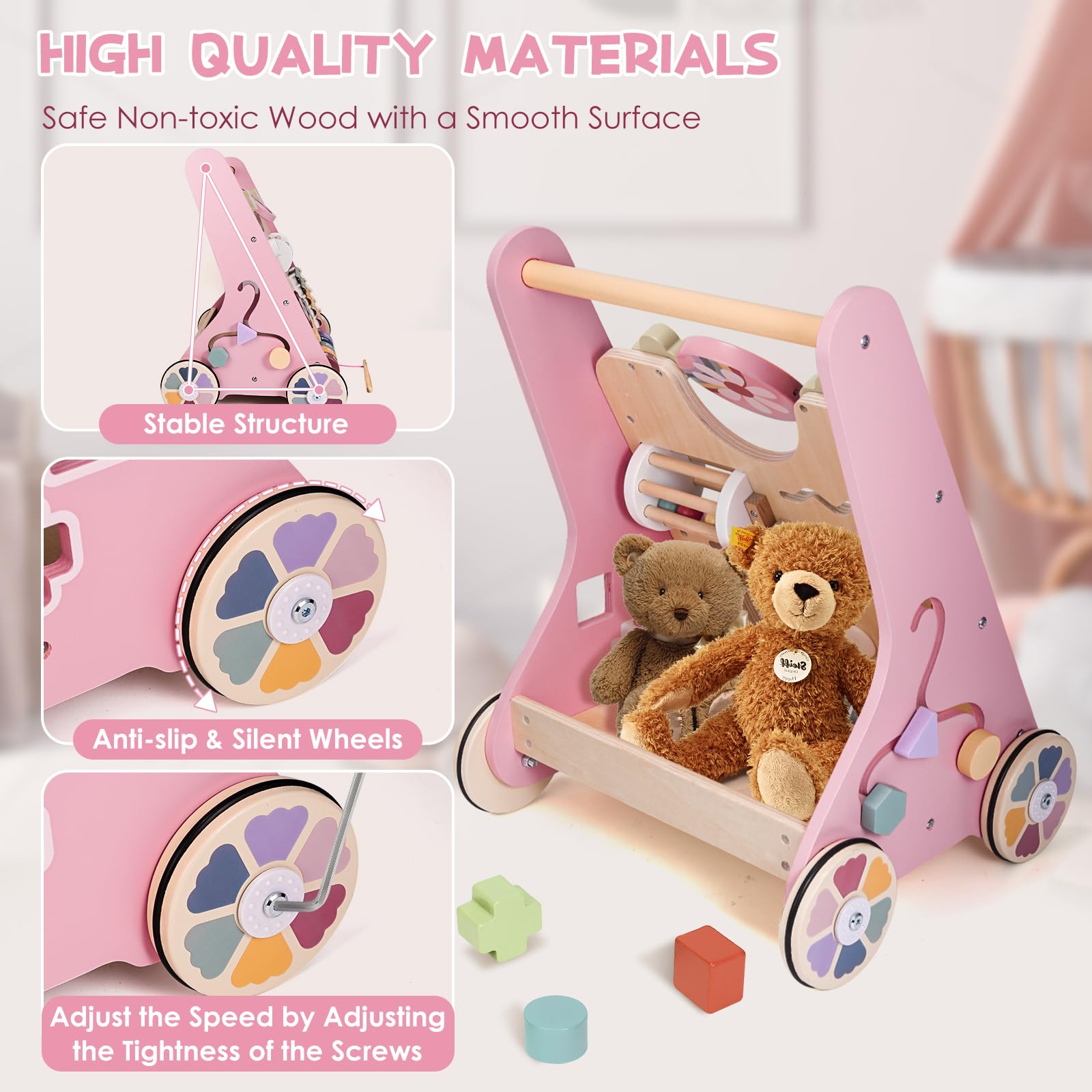 Montessori - Andador de madera para bebés, juguete para actividades de aprendizaje de empujar y tirar, andador de bebé con ruedas para niños y niñas de 1 año, juguete de empuje para niños y niñas de 1