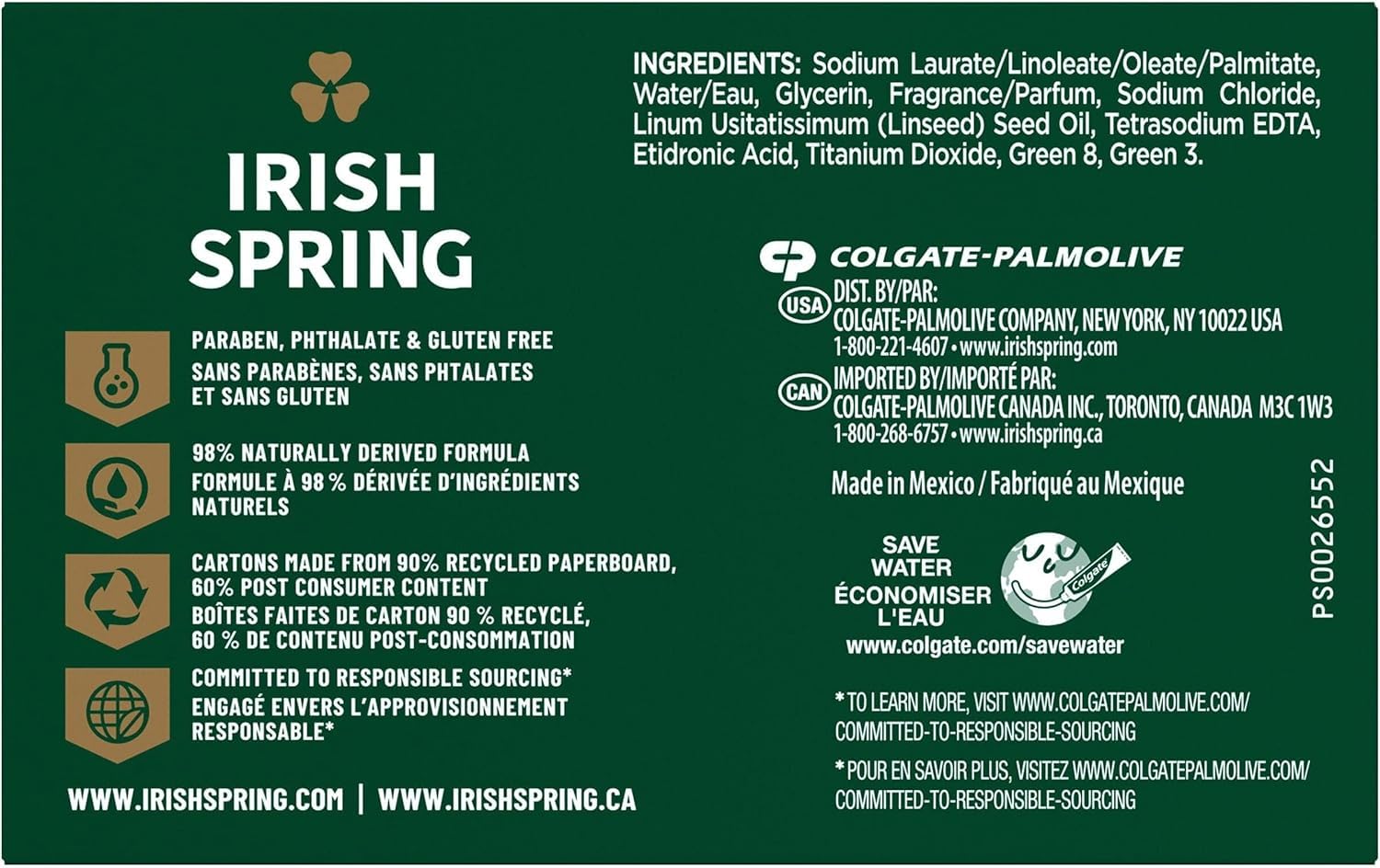 Irish Spring Original Deodorant Bar Soap, 3.75 oz, 8 Bars, Pack of 2