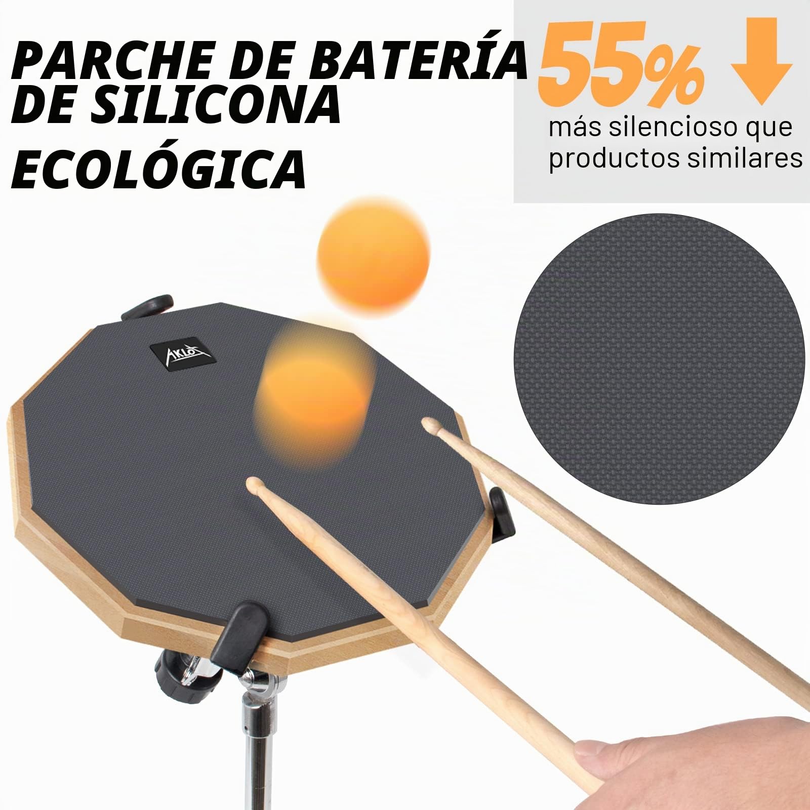 Pad practica bateria AKLOT pad allenamento batteria silicona 12"para adultos con soporte de caja doble cara baquetas bolsa