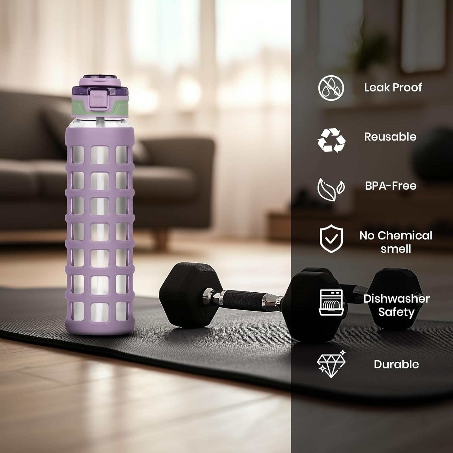 32oz/22oz Glass Water Bottle with Straw Handle Flip lids, leakproof, BPA free, Borosilicate Glass Bottles, with Protective Non-Slip Silicone Sleeve Sports Glass Drinking Bottles Purple