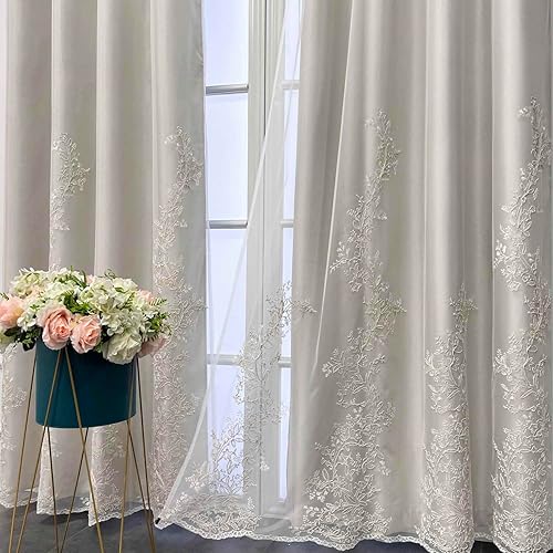 Miniatura 4 de AiFMQQ Cortina europea de doble capa con cenefa de encaje para sala de estar, dormitorio, ojales en la parte superior, elegante bordado de encaje