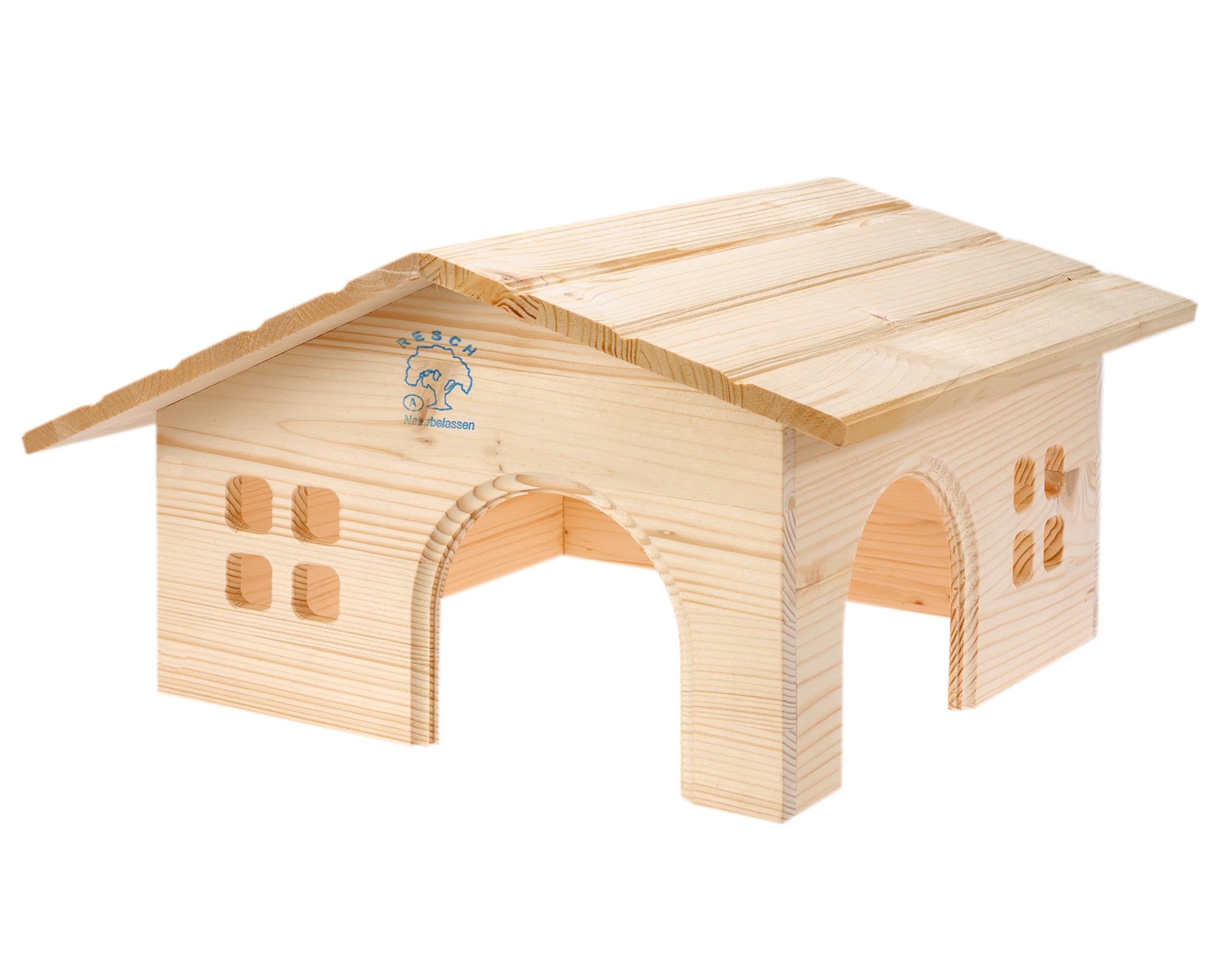 Resch Nr19 Almhütte Watzmann für Zwergkaninchen und Meerschweinchen, Naturbelassenes Massivholz aus Fichte, mit 2 Großen EIN-/Ausgängen und 2 Fenstern, 35,5 x 20 x 35 cm (LxHxB)