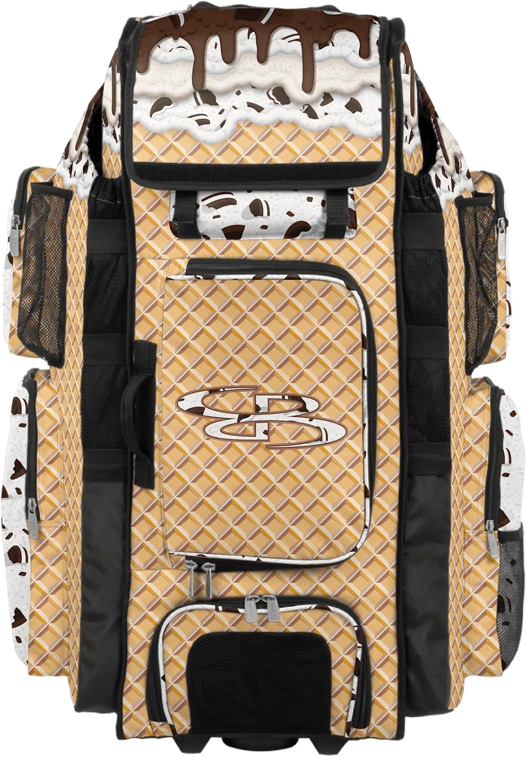 Boombah Superpack XL Rolling Bat Bag - 35.5" x 13.5" x 10" - Telescopic Handle - Holds 8 Bats - Wheeled Version - Ice Cream Cookies N Creme Gold/Brown/Arctic Gray