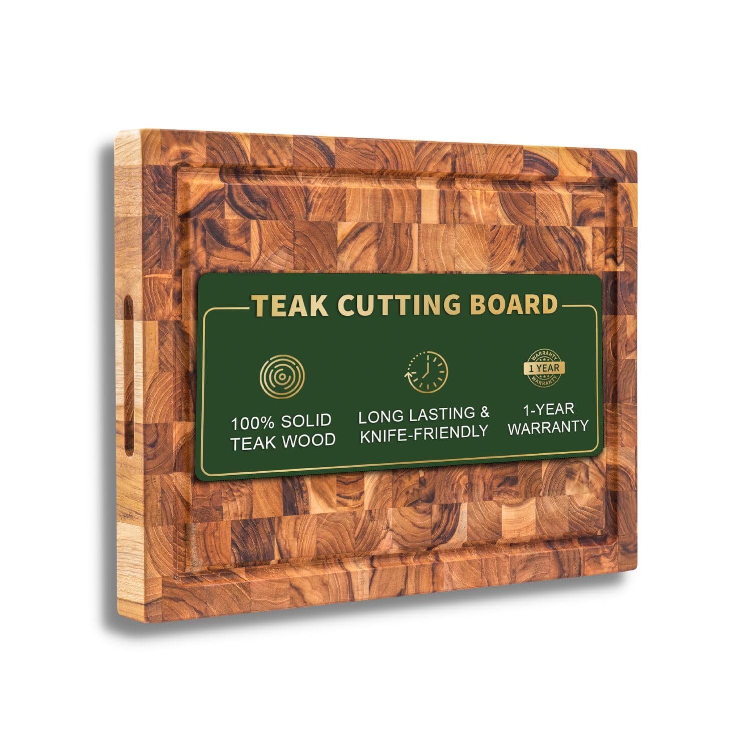 beefurni teak wood end grain cutting board, wooden cutting boards for kitchen with juice groove hand grip small, gifts for husband, 1-year manufacturer warranty (s,16 l x 12 w x 1.5 t inches)