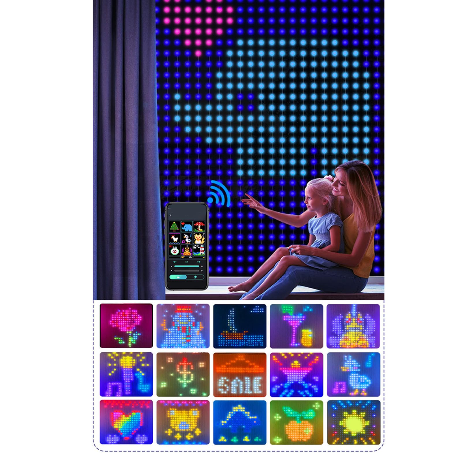 Finestra Luminosa RGB LED Luci Natalizie per Tende 10ft Bluetooth APP Telecomando Programmabile Sincronizzazione Musicale Luce per Tende Interni Ed Esterni Feste (Spina europea 200‑240 V)