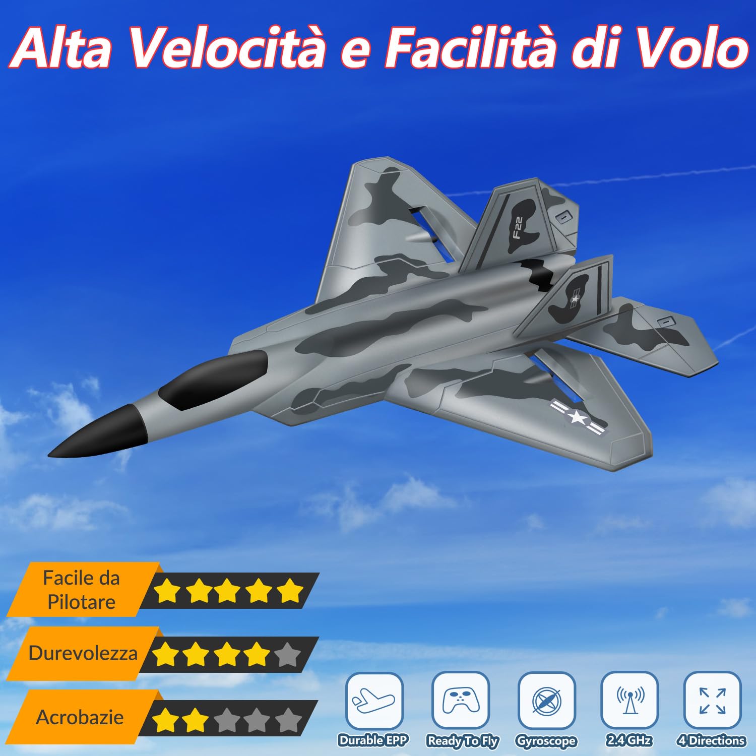 HAWK'S WORK 2CH F-22 Aliante RC, Facile per Bambini & Principianti | 2,4GHz anti-interferenza, volo stabile, schiuma antiurto, RTF per principianti, pronto al volo